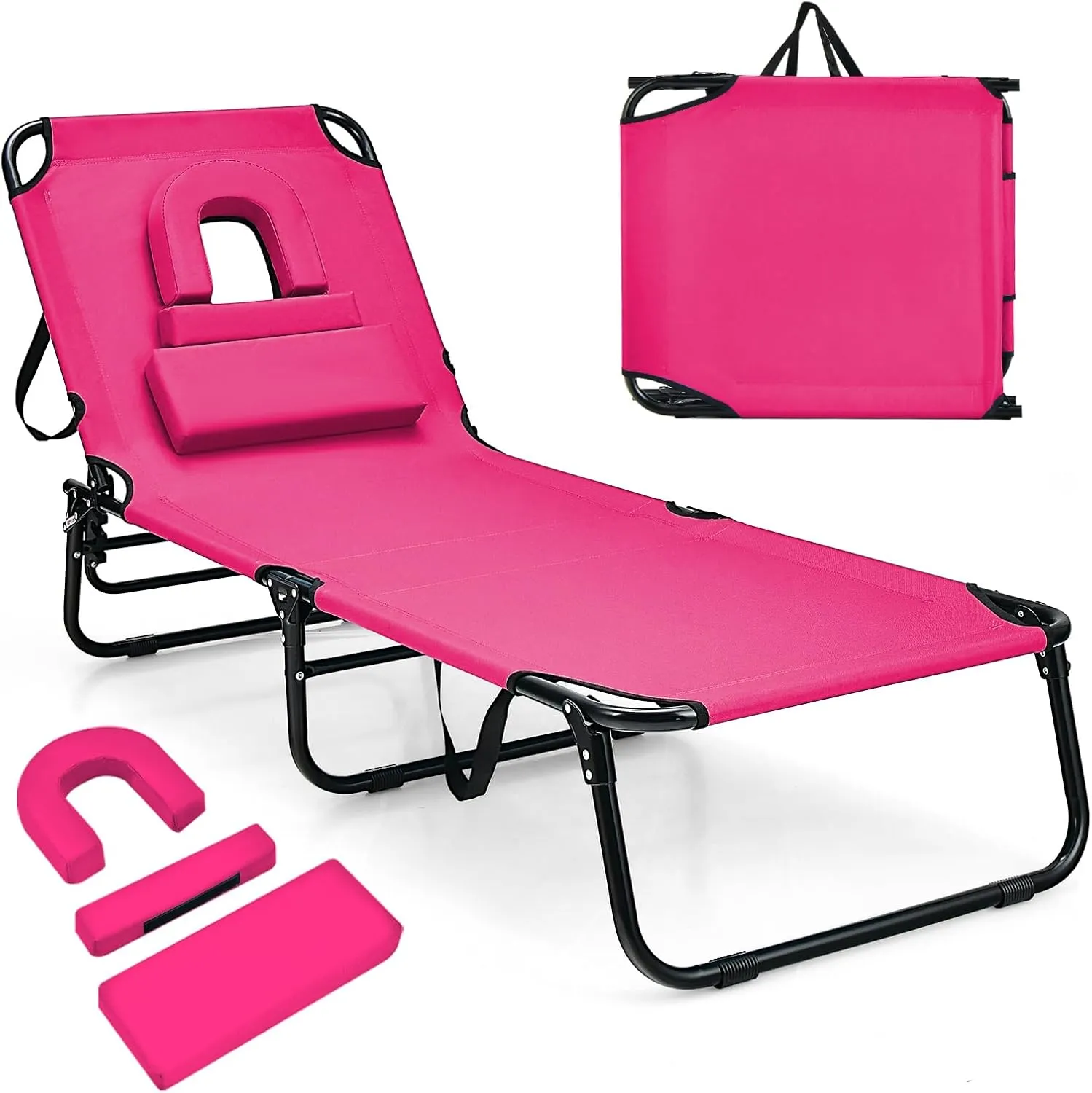 Giantex Tanning Chair, 350lbs Adjustable Patio Lounge Chair with Face Hole, Removable Pillows, Carry Strap, Folding, Outdoor Chaise Lounge for Layout Beach Poolside Lawn, Pink