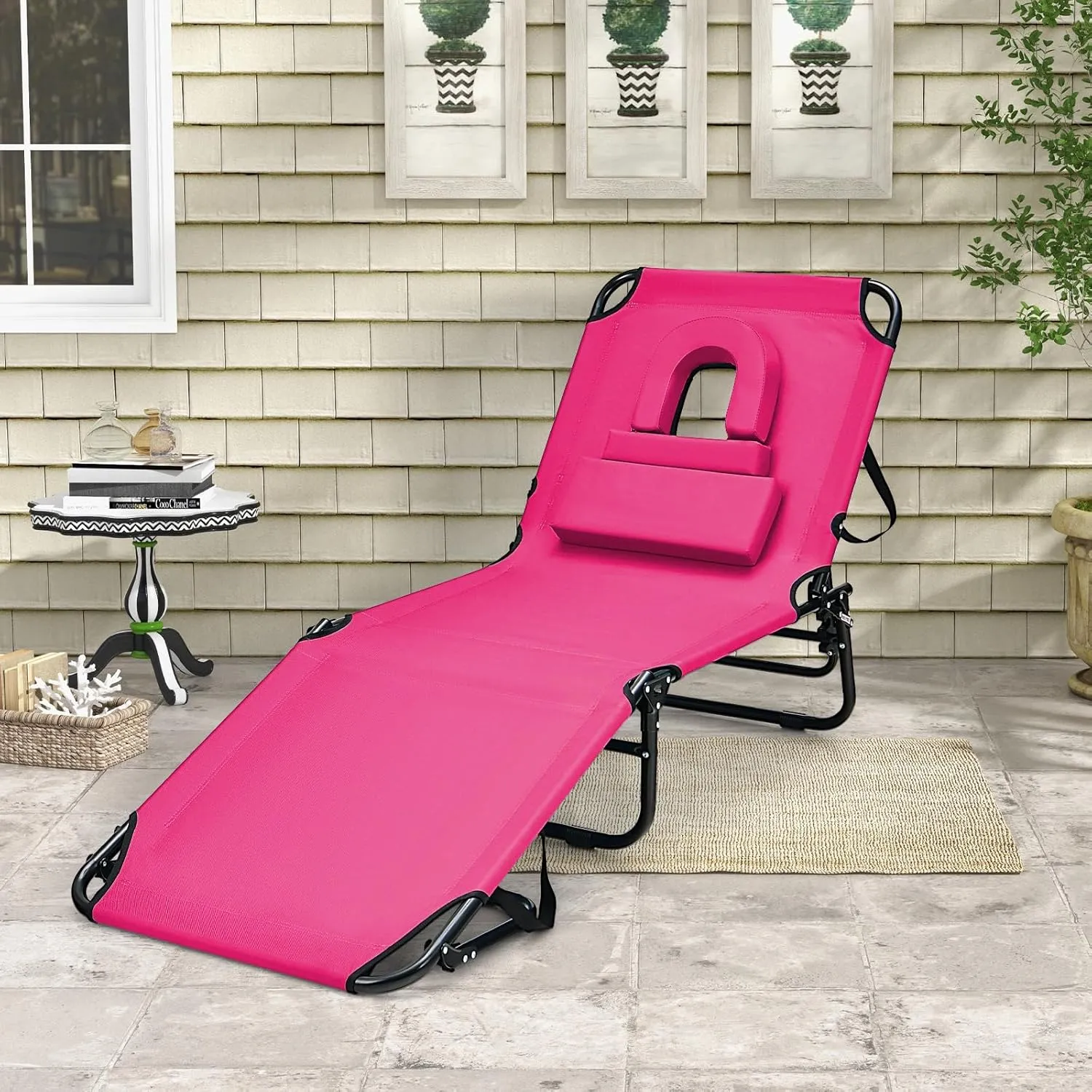 Giantex Tanning Chair, 350lbs Adjustable Patio Lounge Chair with Face Hole, Removable Pillows, Carry Strap, Folding, Outdoor Chaise Lounge for Layout Beach Poolside Lawn, Pink