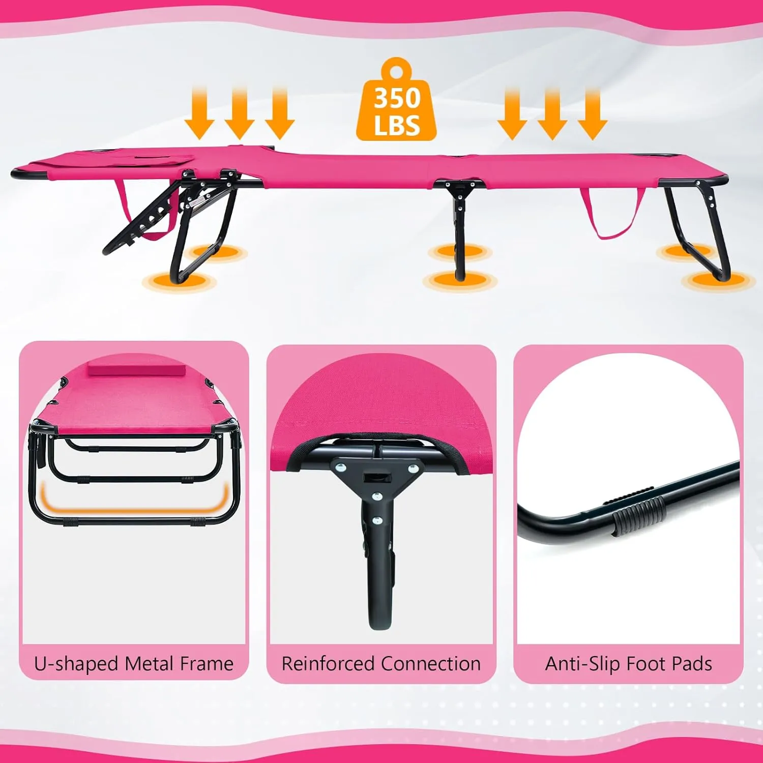 Giantex Tanning Chair, 350lbs Adjustable Patio Lounge Chair with Face Hole, Removable Pillows, Carry Strap, Folding, Outdoor Chaise Lounge for Layout Beach Poolside Lawn, Pink