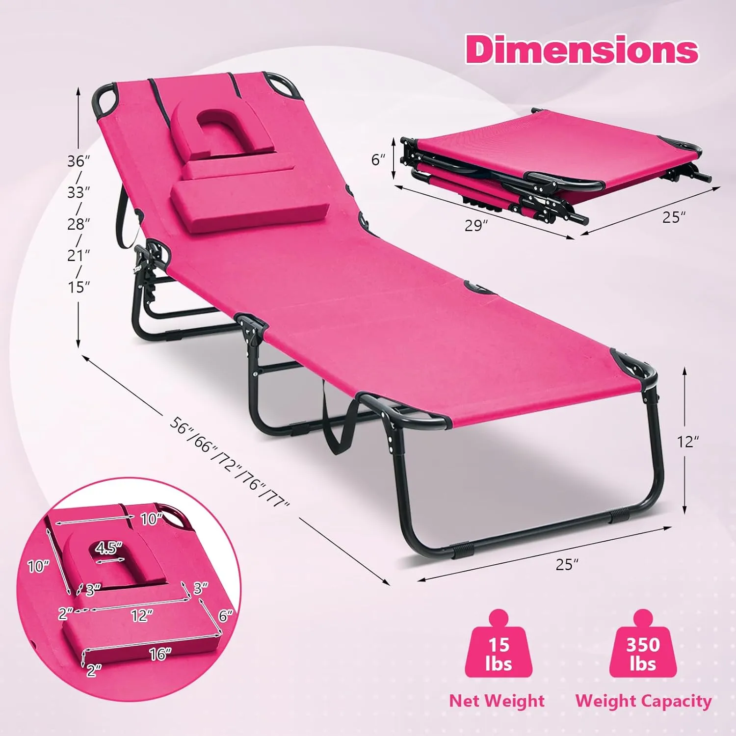 Giantex Tanning Chair, 350lbs Adjustable Patio Lounge Chair with Face Hole, Removable Pillows, Carry Strap, Folding, Outdoor Chaise Lounge for Layout Beach Poolside Lawn, Pink