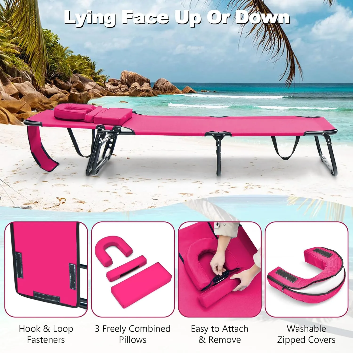 Giantex Tanning Chair, 350lbs Adjustable Patio Lounge Chair with Face Hole, Removable Pillows, Carry Strap, Folding, Outdoor Chaise Lounge for Layout Beach Poolside Lawn, Pink
