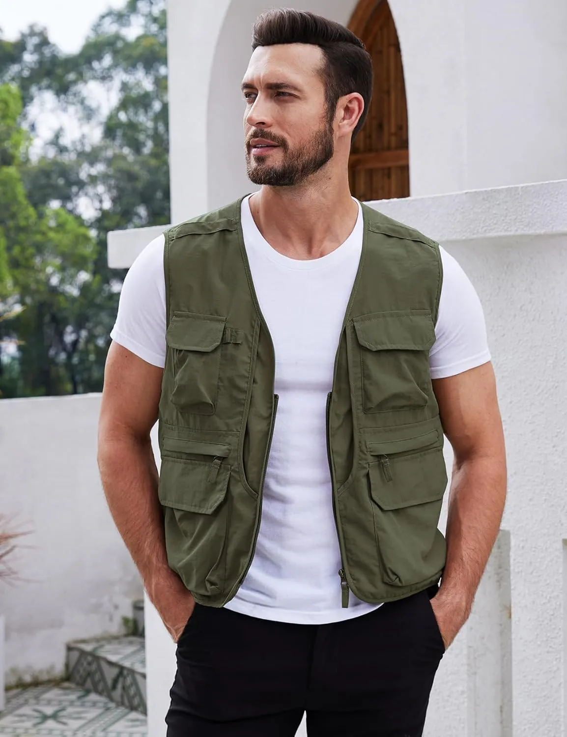 Gihuo Men's Utility Fishing Vest Lightweight Outdoor Work Safari Travel Cargo Vest with Multi-Pockets