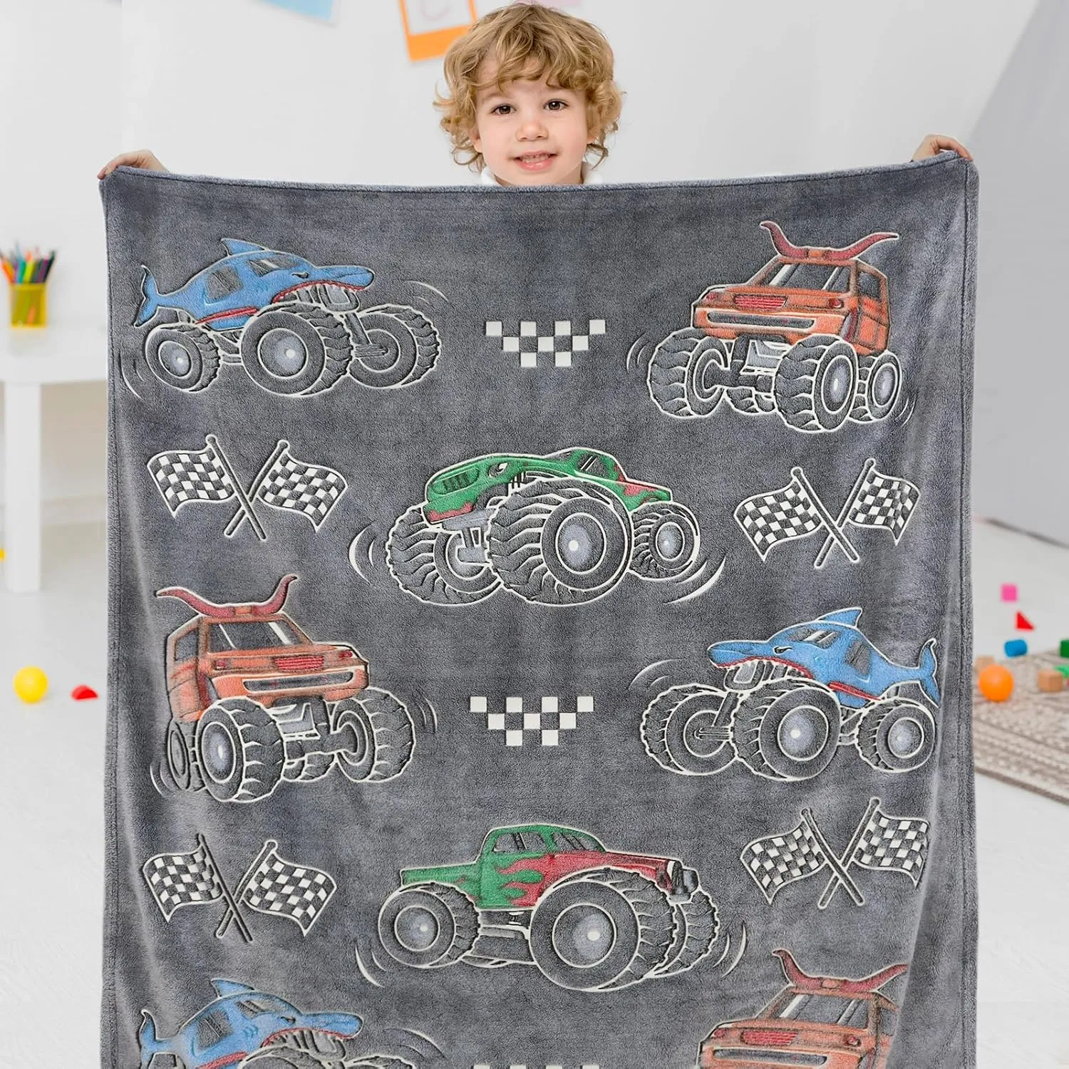 Glow in The Dark Blanket for Boys Truck Car Toys Unique Gifts for Kids Glowing Cartoon Tractor Throw Blanket Soft Fleece Blanket Excavators Room Bed Sofa Decor Blankets All Seasons 50"×60"
