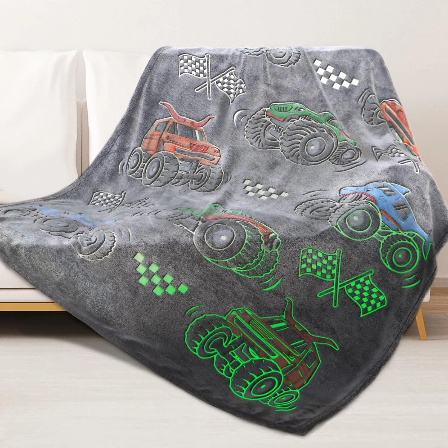 Glow in The Dark Blanket for Boys Truck Car Toys Unique Gifts for Kids Glowing Cartoon Tractor Throw Blanket Soft Fleece Blanket Excavators Room Bed Sofa Decor Blankets All Seasons 50"×60"