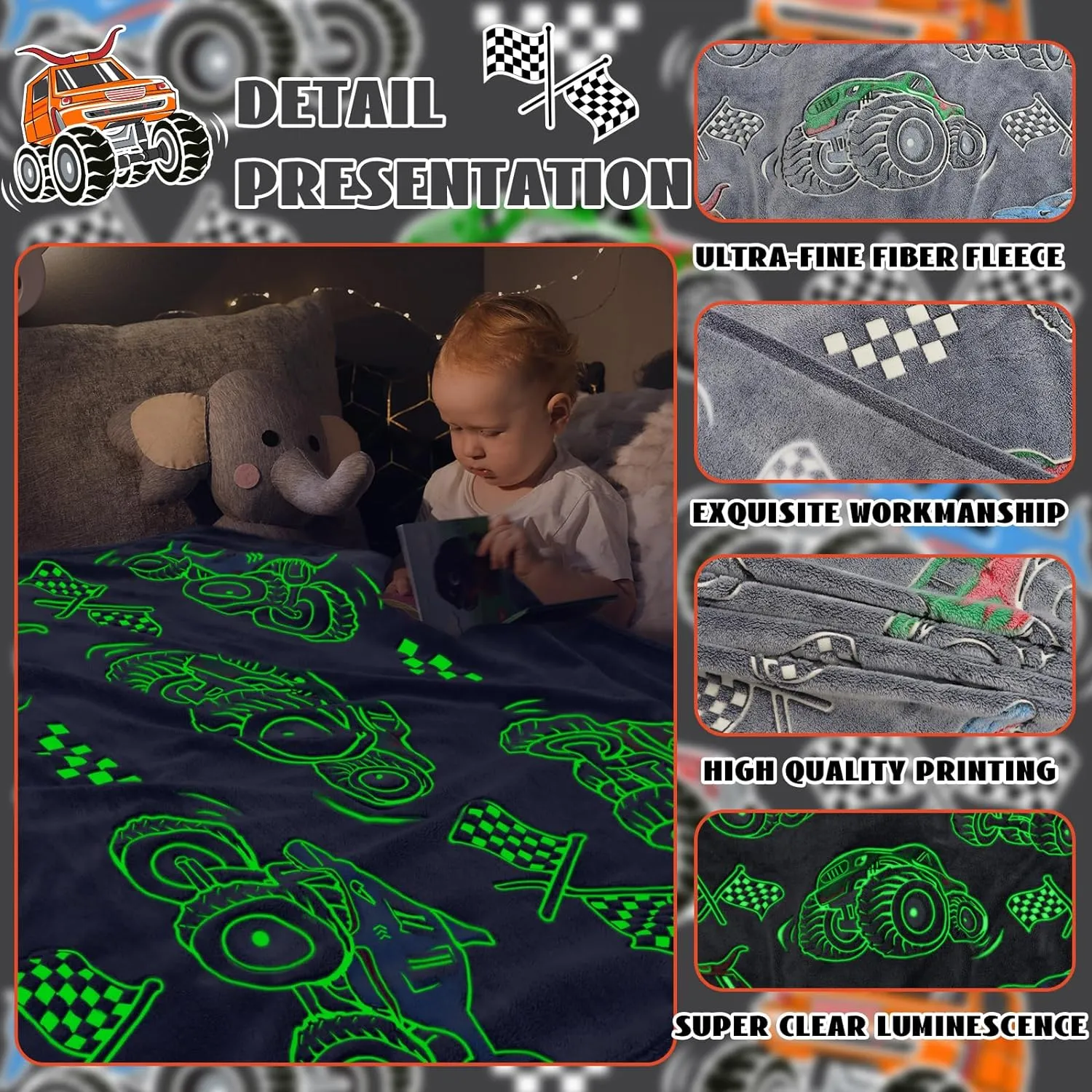 Glow in The Dark Blanket for Boys Truck Car Toys Unique Gifts for Kids Glowing Cartoon Tractor Throw Blanket Soft Fleece Blanket Excavators Room Bed Sofa Decor Blankets All Seasons 50"×60"