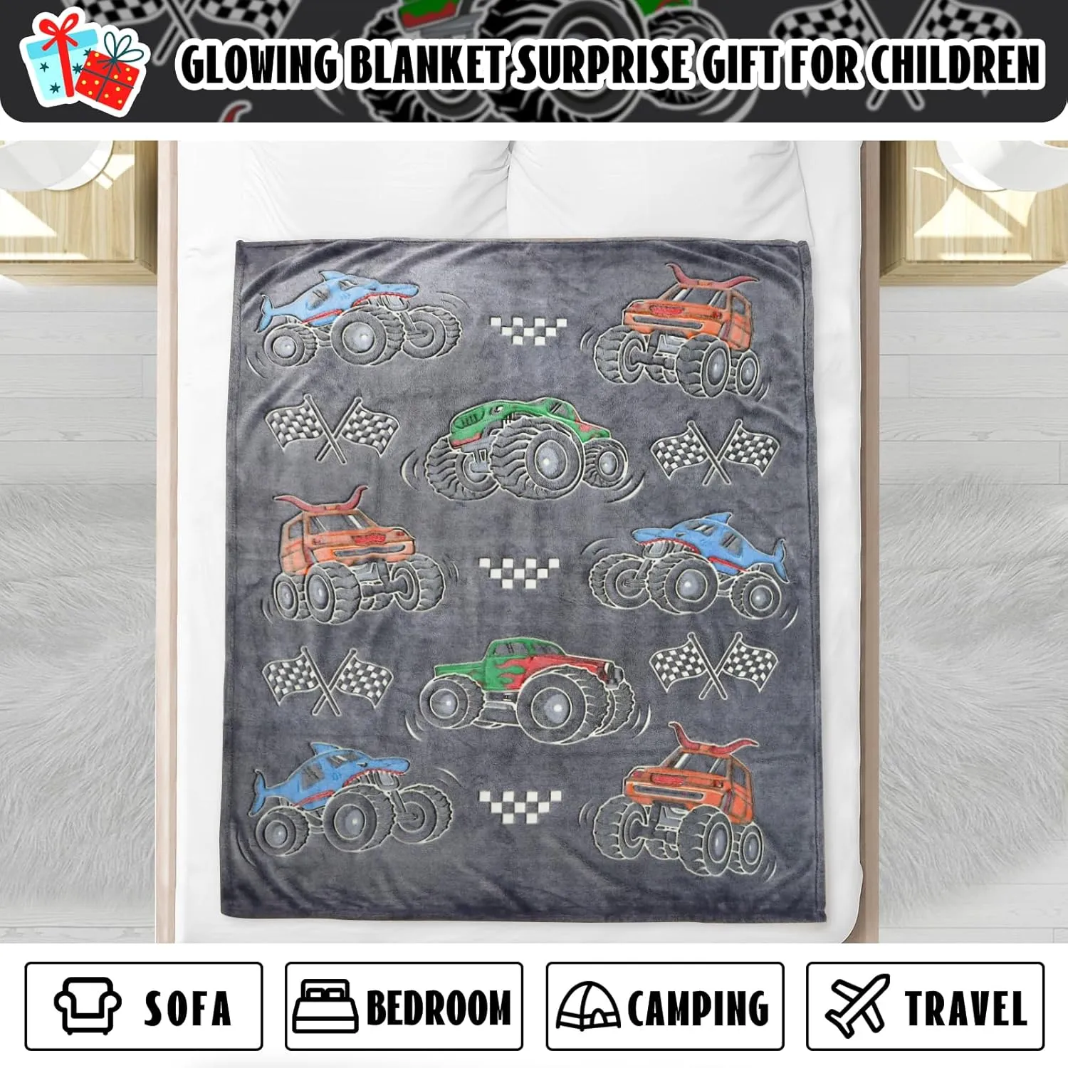 Glow in The Dark Blanket for Boys Truck Car Toys Unique Gifts for Kids Glowing Cartoon Tractor Throw Blanket Soft Fleece Blanket Excavators Room Bed Sofa Decor Blankets All Seasons 50"×60"