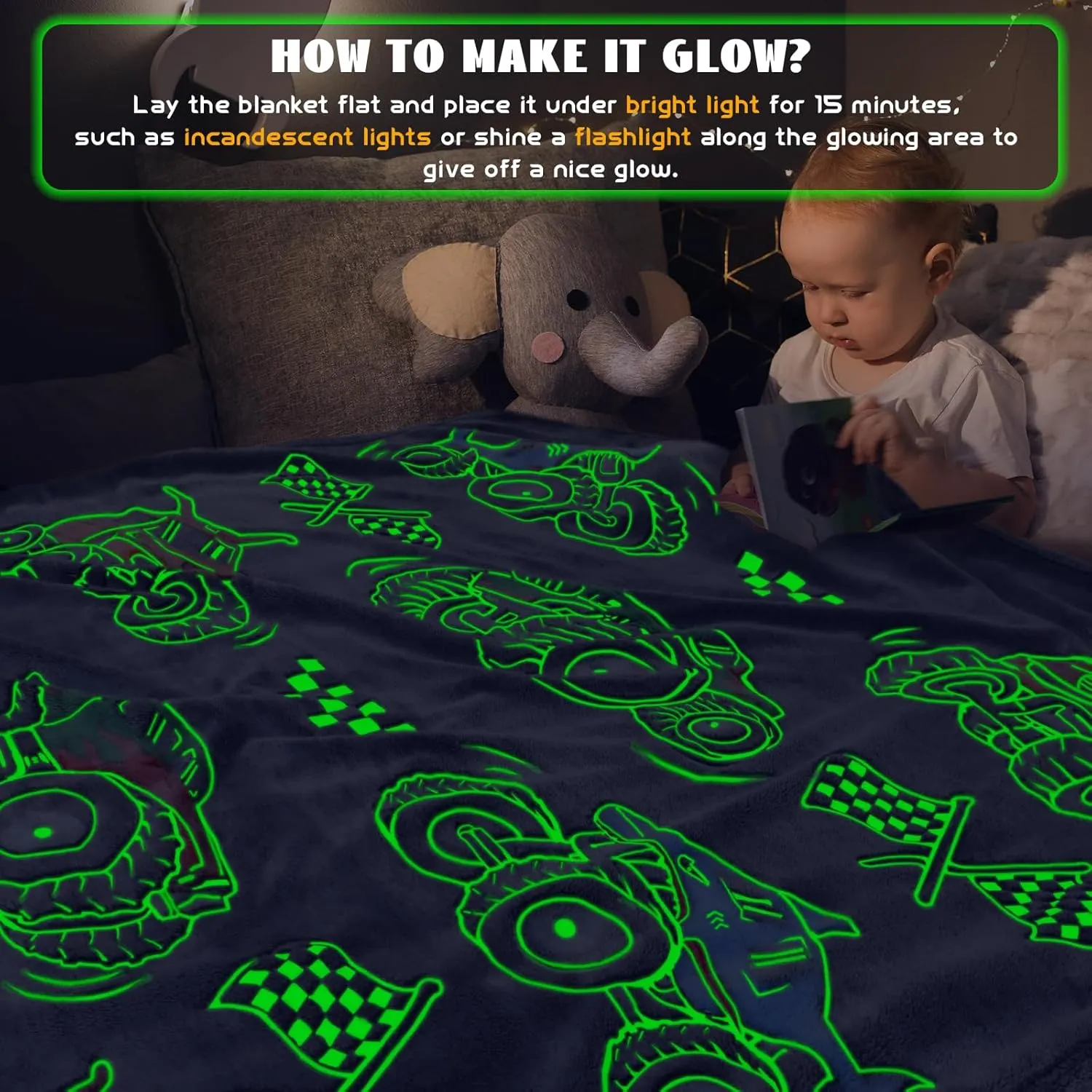 Glow in The Dark Blanket for Boys Truck Car Toys Unique Gifts for Kids Glowing Cartoon Tractor Throw Blanket Soft Fleece Blanket Excavators Room Bed Sofa Decor Blankets All Seasons 50"×60"