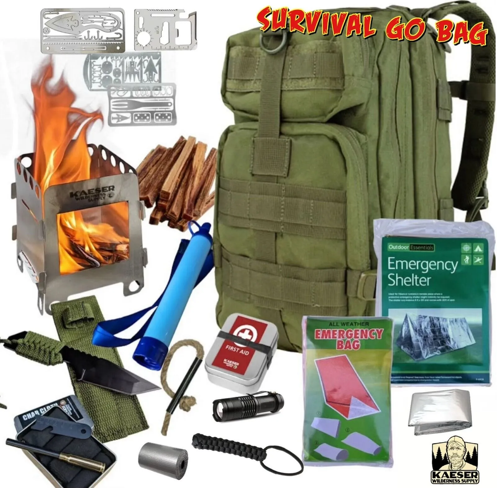 Go Bag Survival Ferro Rod Tent Sleeping Bag Charcloth Stove Knife First Aid Kit