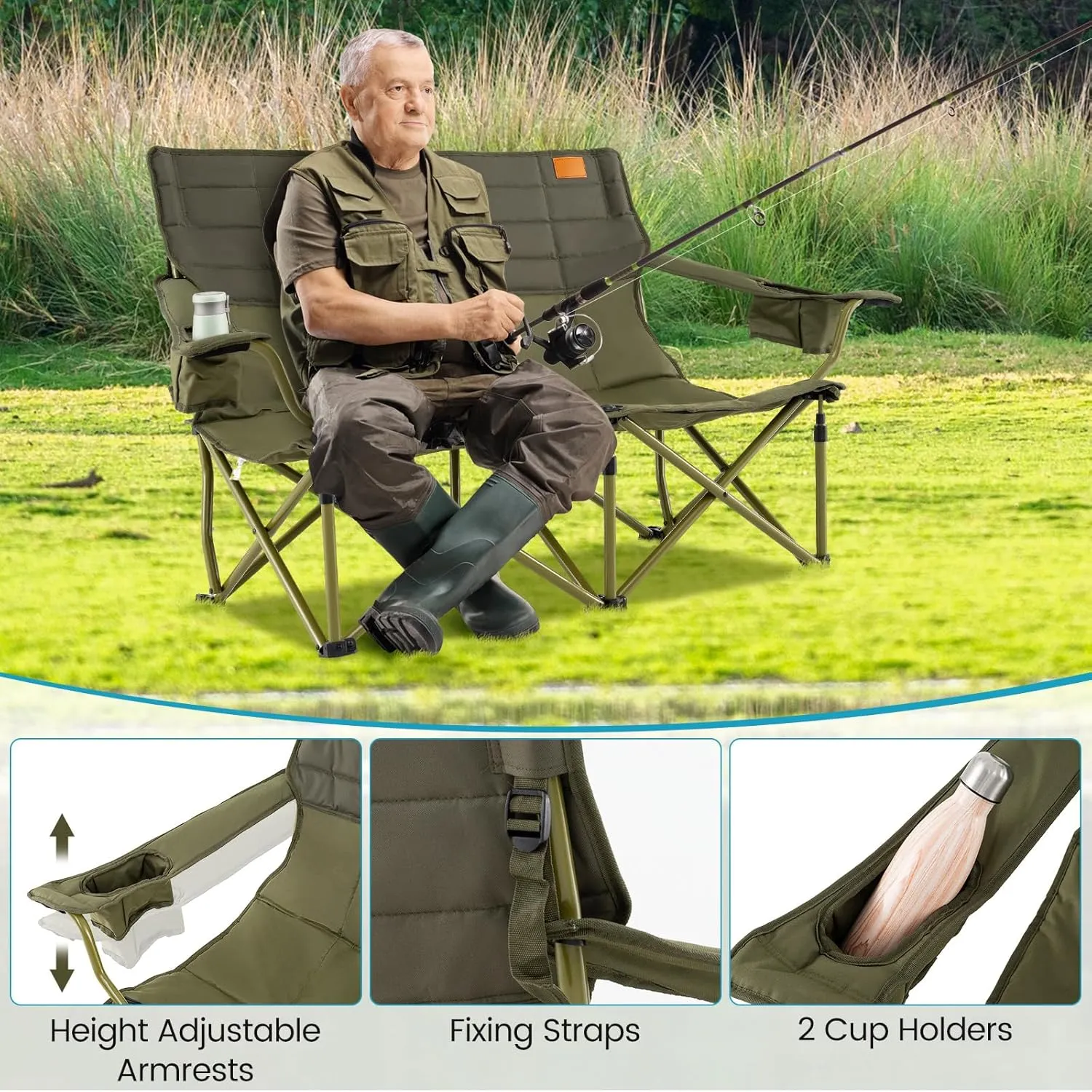 Goplus Double Camping Chair for Adults, Low Outdoor Folding Loveseat Couch Chair w/Cup Holders Thick Padding, Heavy-Duty 2 Person Lawn Chair for Beach Picnic Travel Supports 660 LBS(2-Person Seat)