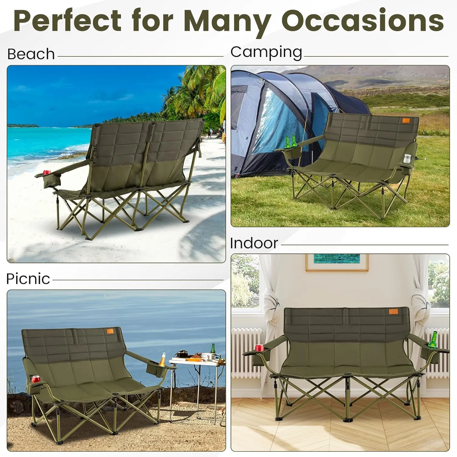 Goplus Double Camping Chair for Adults, Low Outdoor Folding Loveseat Couch Chair w/Cup Holders Thick Padding, Heavy-Duty 2 Person Lawn Chair for Beach Picnic Travel Supports 660 LBS(2-Person Seat)