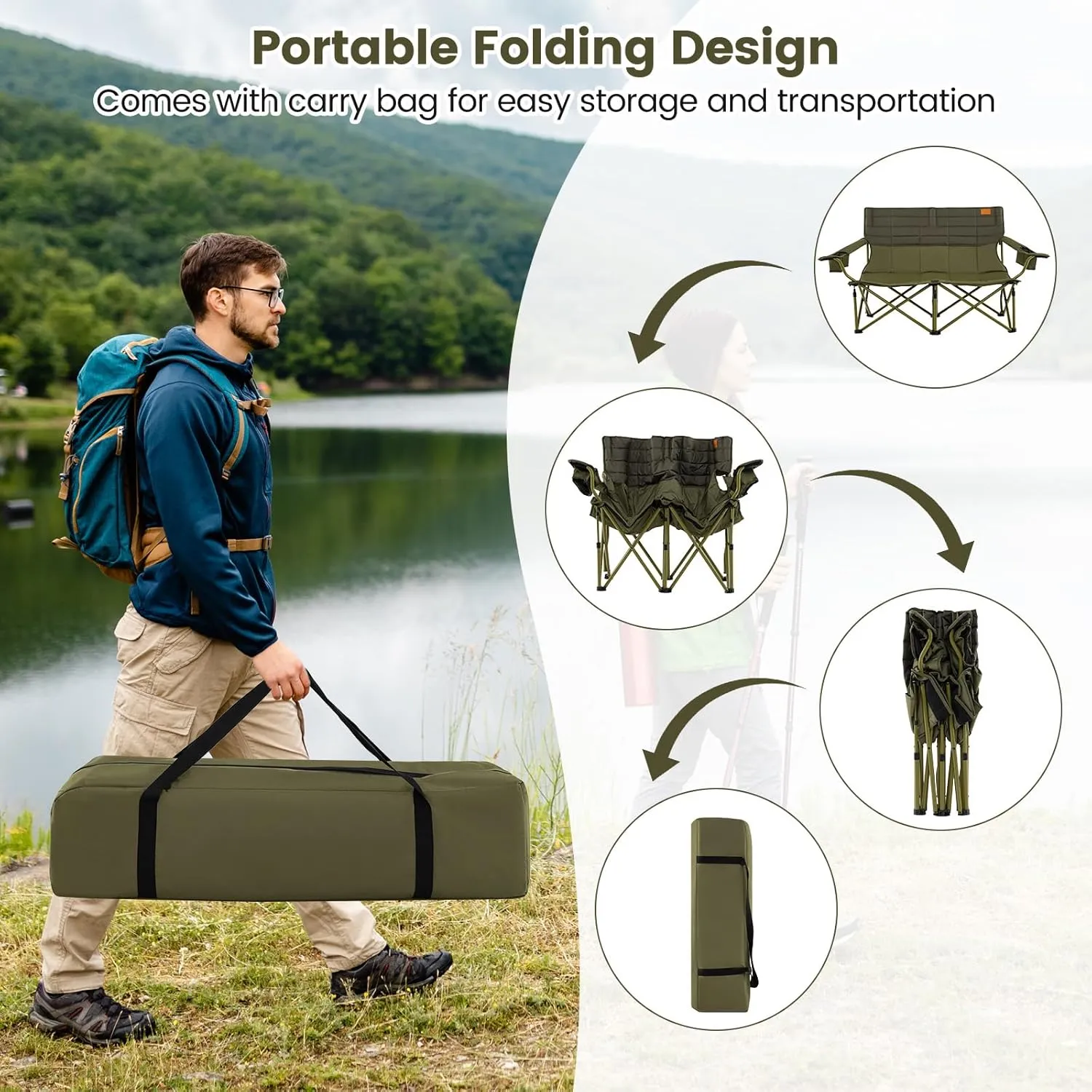 Goplus Double Camping Chair for Adults, Low Outdoor Folding Loveseat Couch Chair w/Cup Holders Thick Padding, Heavy-Duty 2 Person Lawn Chair for Beach Picnic Travel Supports 660 LBS(2-Person Seat)