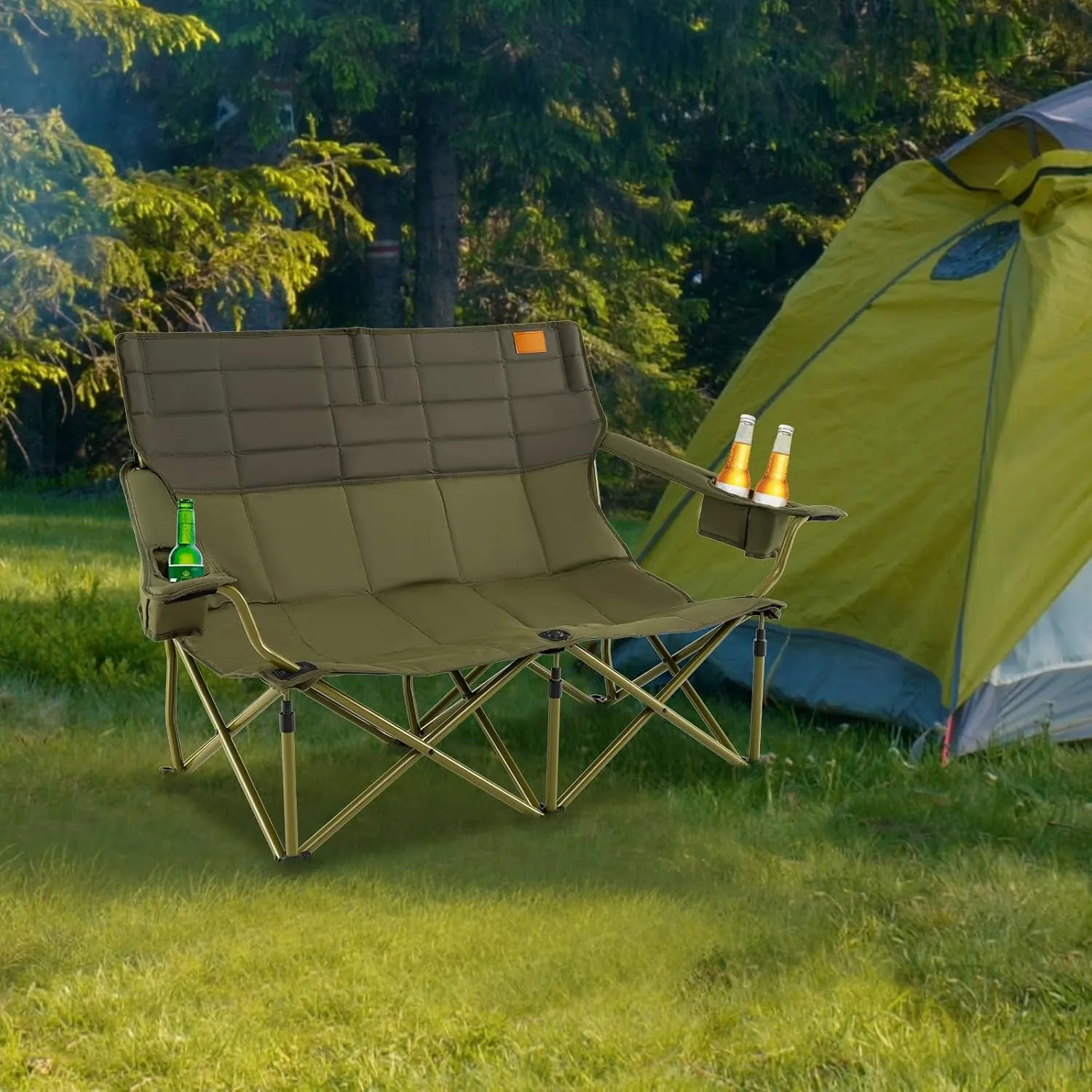Goplus Double Camping Chair for Adults, Low Outdoor Folding Loveseat Couch Chair w/Cup Holders Thick Padding, Heavy-Duty 2 Person Lawn Chair for Beach Picnic Travel Supports 660 LBS(2-Person Seat)