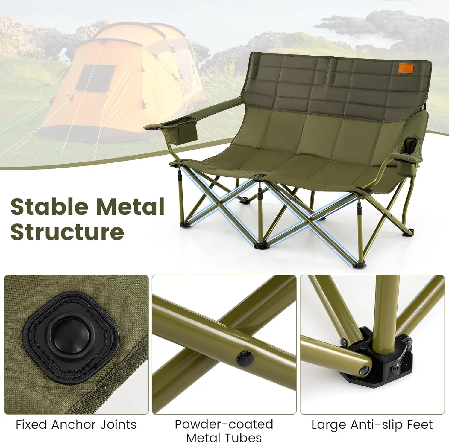 Goplus Double Camping Chair for Adults, Low Outdoor Folding Loveseat Couch Chair w/Cup Holders Thick Padding, Heavy-Duty 2 Person Lawn Chair for Beach Picnic Travel Supports 660 LBS(2-Person Seat)