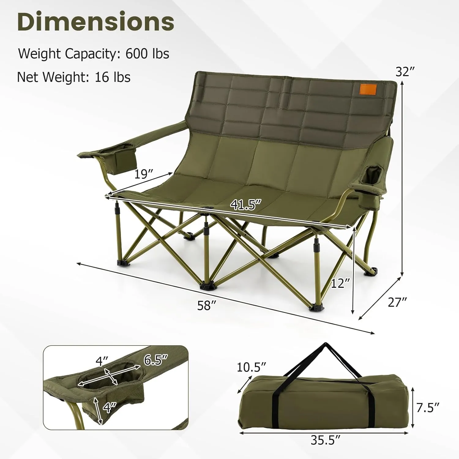 Goplus Double Camping Chair for Adults, Low Outdoor Folding Loveseat Couch Chair w/Cup Holders Thick Padding, Heavy-Duty 2 Person Lawn Chair for Beach Picnic Travel Supports 660 LBS(2-Person Seat)