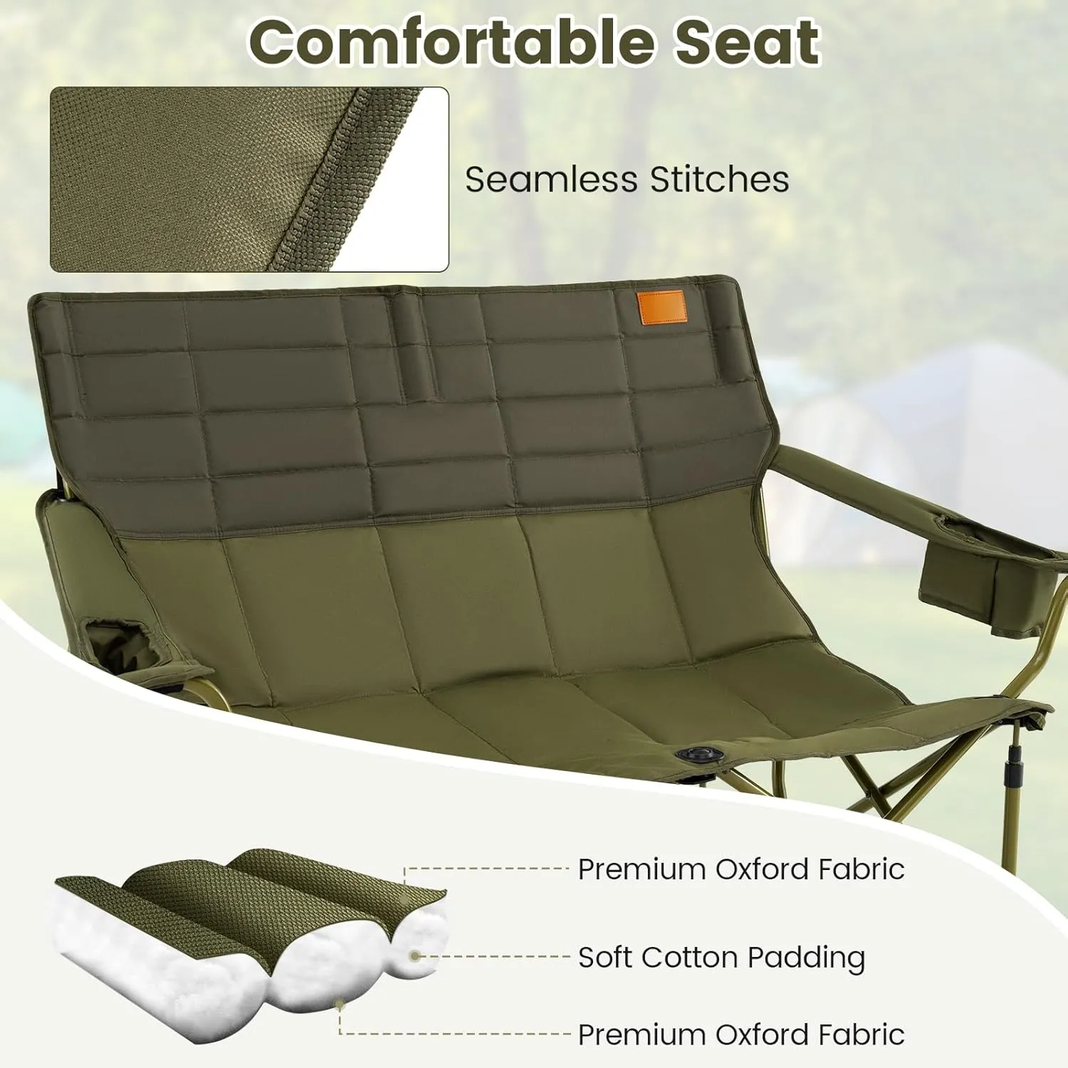 Goplus Double Camping Chair for Adults, Low Outdoor Folding Loveseat Couch Chair w/Cup Holders Thick Padding, Heavy-Duty 2 Person Lawn Chair for Beach Picnic Travel Supports 660 LBS(2-Person Seat)