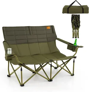 Goplus Double Camping Chair for Adults, Low Outdoor Folding Loveseat Couch Chair w/Cup Holders Thick Padding, Heavy-Duty 2 Person Lawn Chair for Beach Picnic Travel Supports 660 LBS(2-Person Seat)