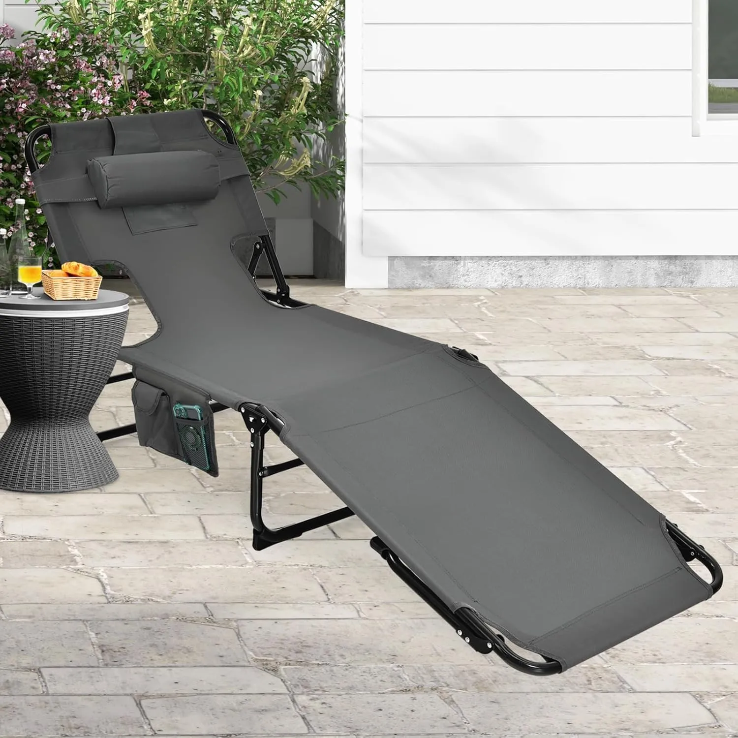 Goplus Tanning Chair, Folding Adjustable Patio Lounge Chair with Face Hole, Removable Pillow, 330LBS, Carry Strap, Outdoor Sunbathing Chair, Lightweight Portable Beach Lounge Chair, No Assembly