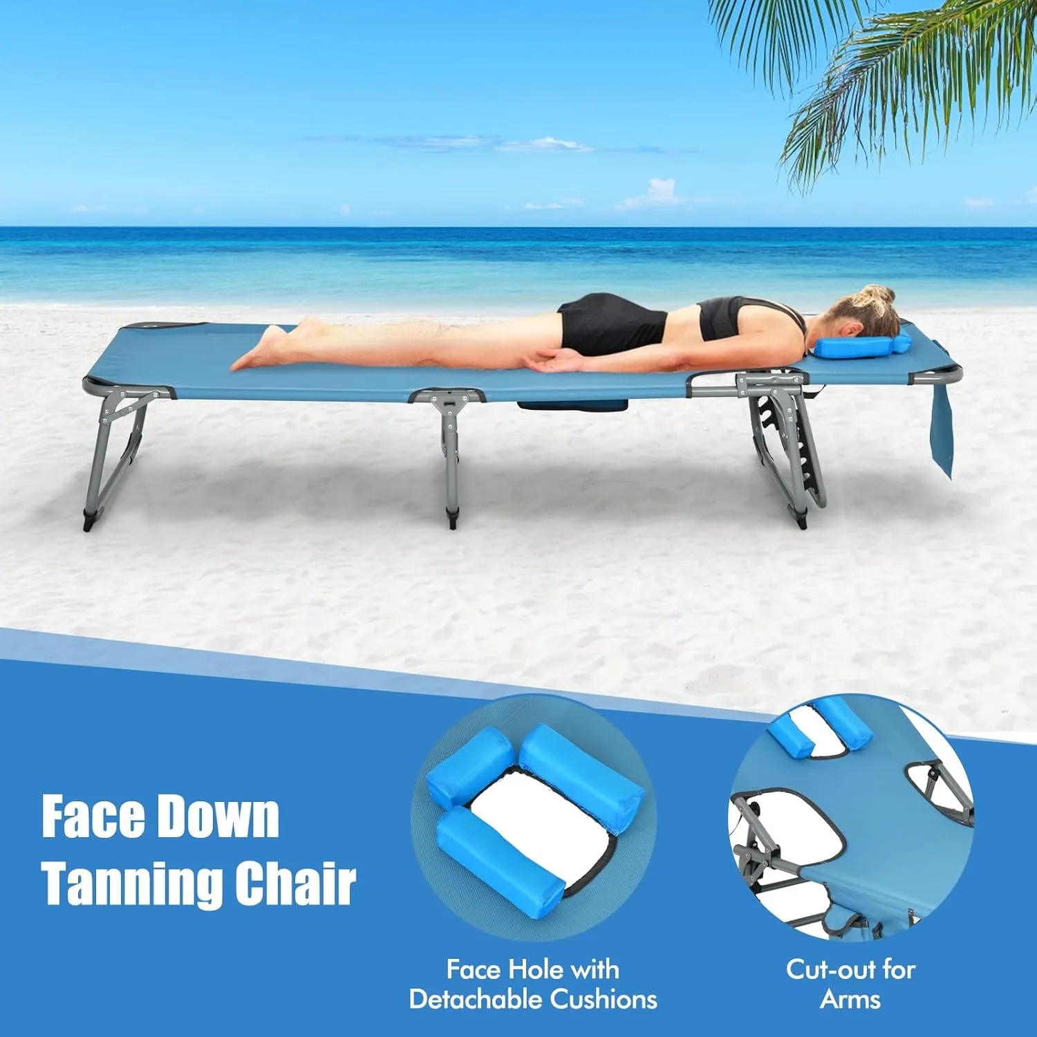 Goplus Tanning Chair, Folding Adjustable Patio Lounge Chair with Face Hole, Removable Pillow, 330LBS, Carry Strap, Outdoor Sunbathing Chair, Lightweight Portable Beach Lounge Chair, No Assembly