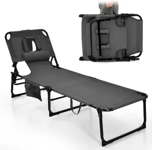 Goplus Tanning Chair, Folding Adjustable Patio Lounge Chair with Face Hole, Removable Pillow, 330LBS, Carry Strap, Outdoor Sunbathing Chair, Lightweight Portable Beach Lounge Chair, No Assembly
