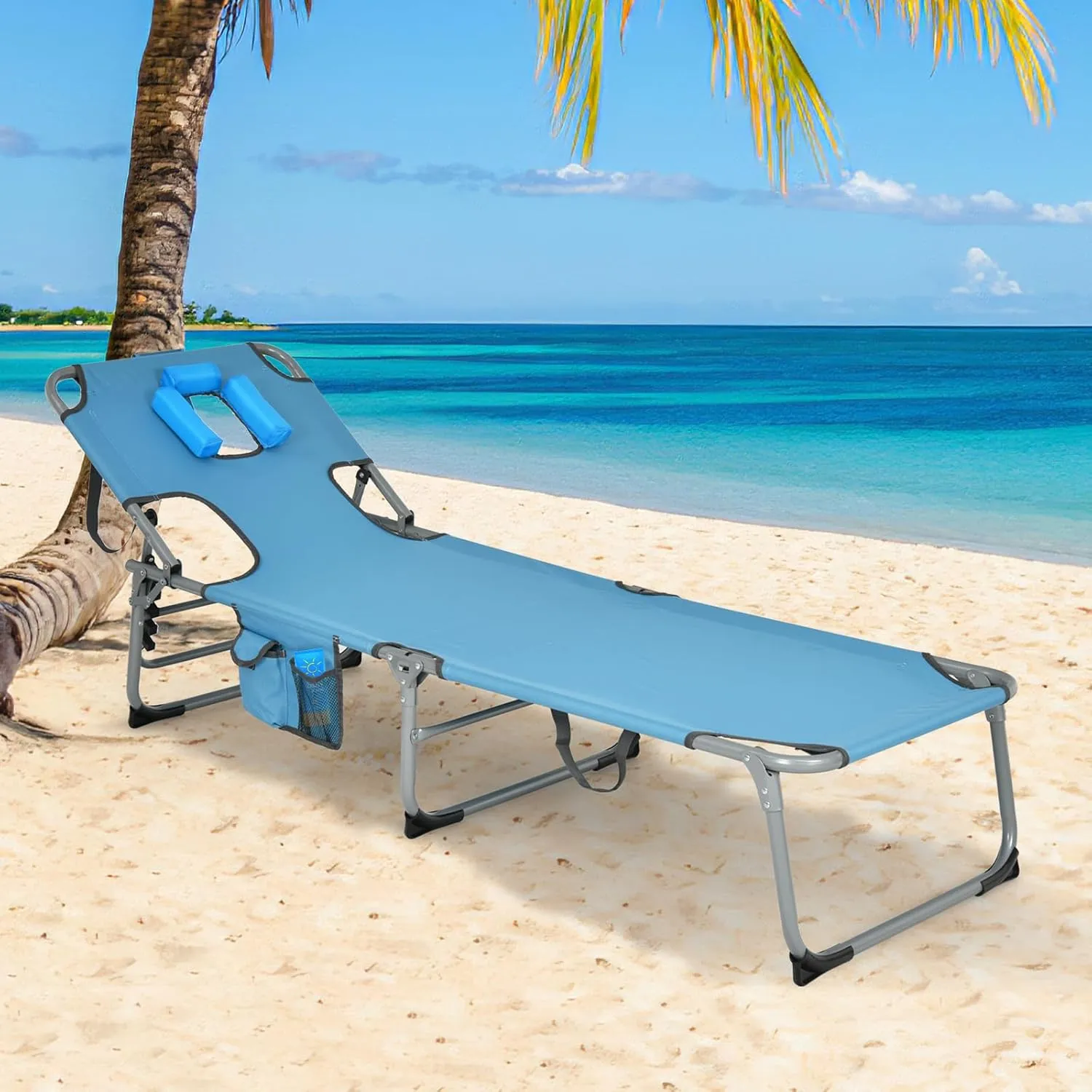 Goplus Tanning Chair, Folding Adjustable Patio Lounge Chair with Face Hole, Removable Pillow, 330LBS, Carry Strap, Outdoor Sunbathing Chair, Lightweight Portable Beach Lounge Chair, No Assembly