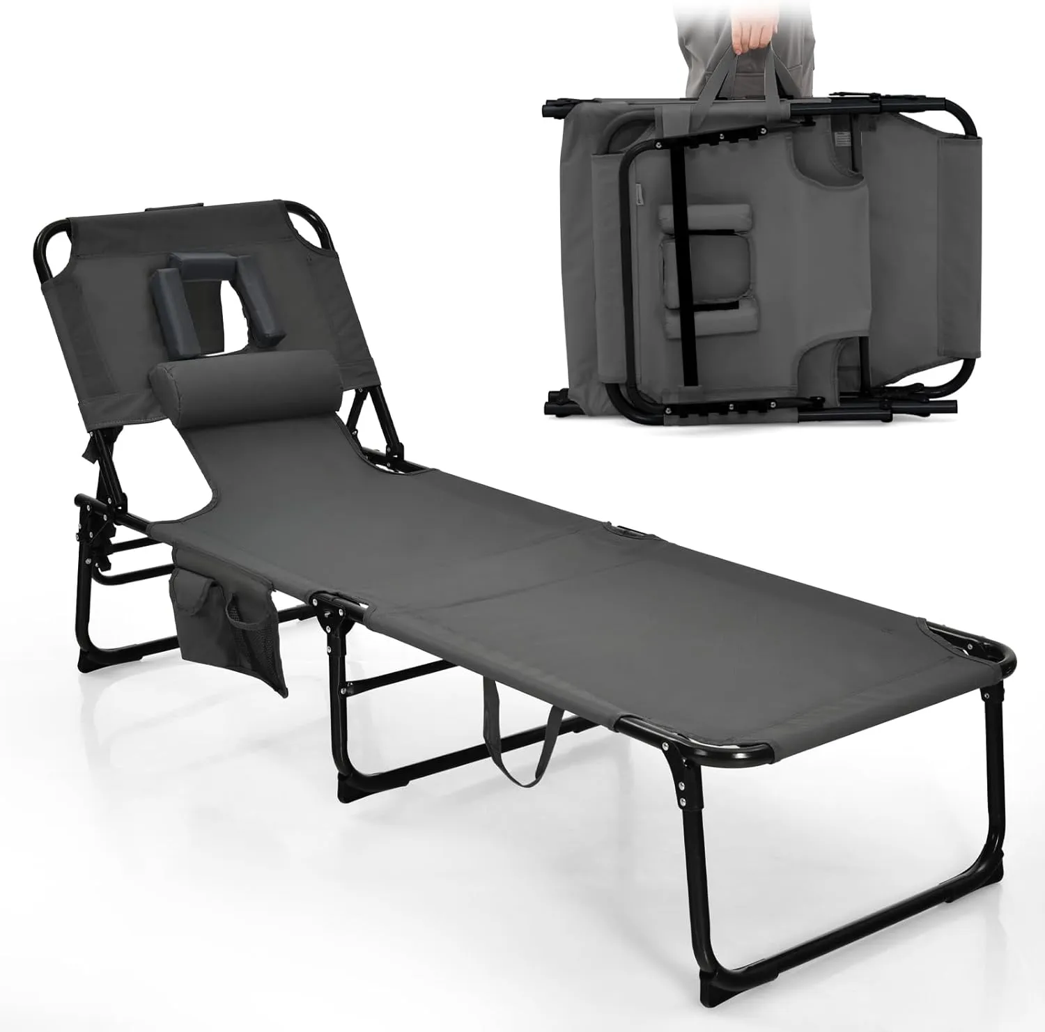 Goplus Tanning Chair, Folding Adjustable Patio Lounge Chair with Face Hole, Removable Pillow, 330LBS, Carry Strap, Outdoor Sunbathing Chair, Lightweight Portable Beach Lounge Chair, No Assembly