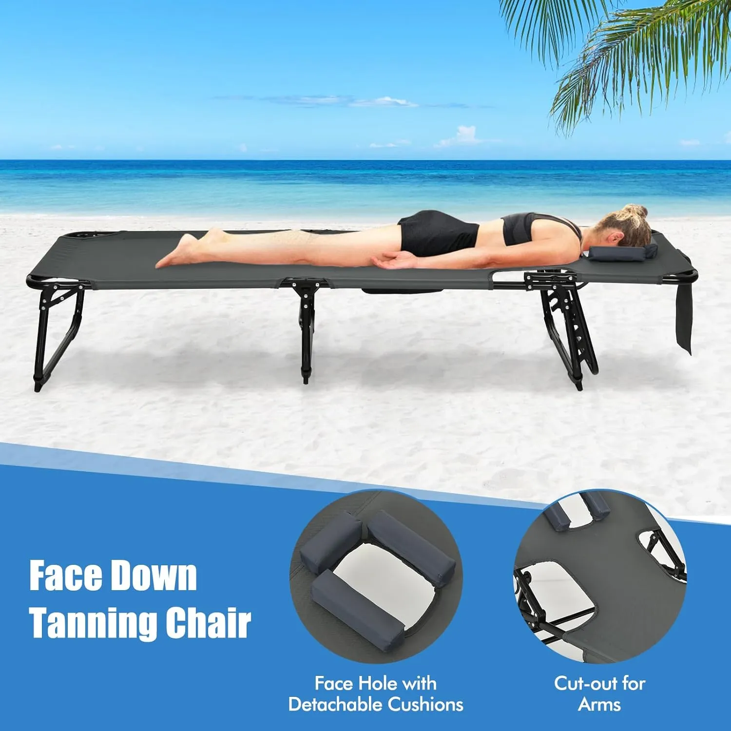 Goplus Tanning Chair, Folding Adjustable Patio Lounge Chair with Face Hole, Removable Pillow, 330LBS, Carry Strap, Outdoor Sunbathing Chair, Lightweight Portable Beach Lounge Chair, No Assembly