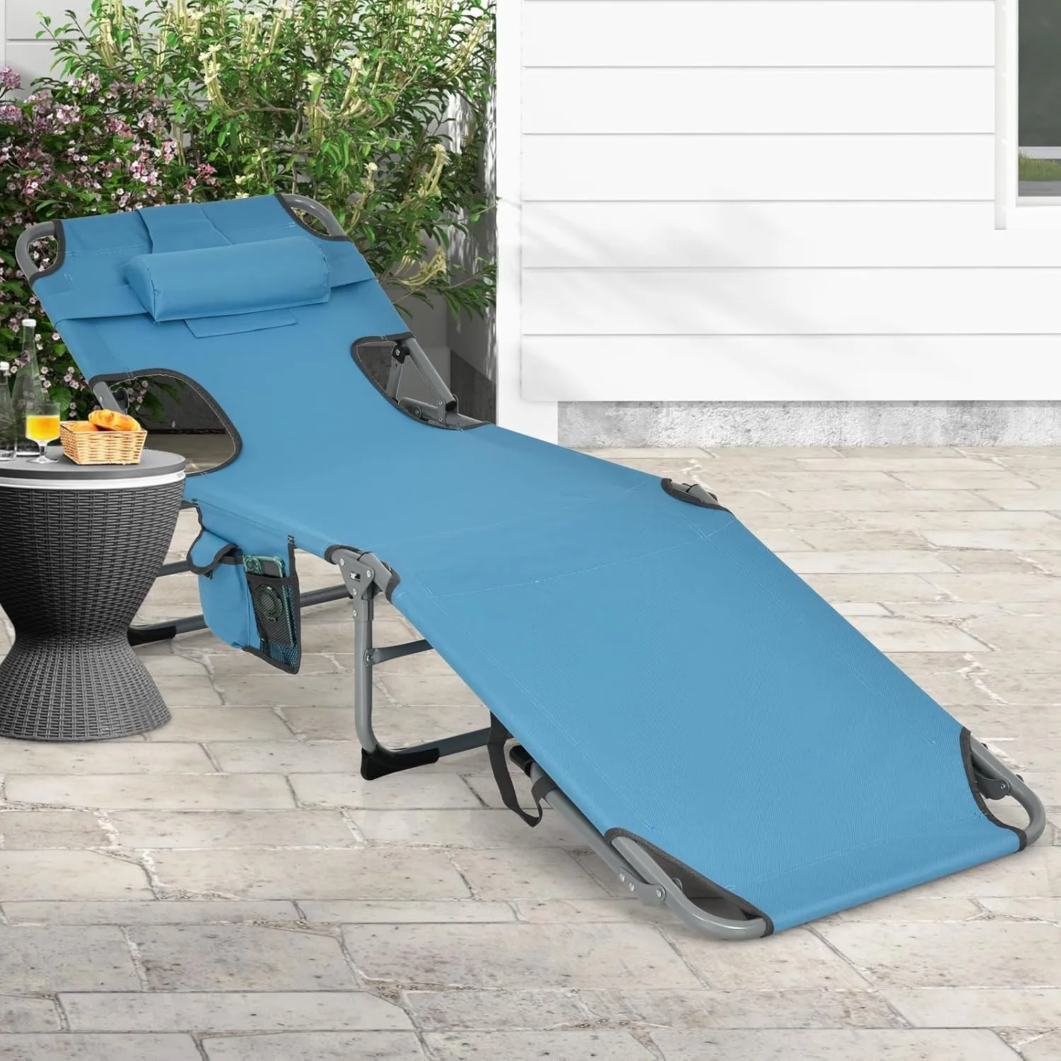 Goplus Tanning Chair, Folding Adjustable Patio Lounge Chair with Face Hole, Removable Pillow, 330LBS, Carry Strap, Outdoor Sunbathing Chair, Lightweight Portable Beach Lounge Chair, No Assembly