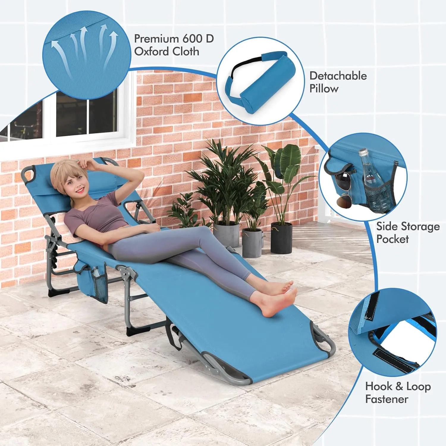 Goplus Tanning Chair, Folding Adjustable Patio Lounge Chair with Face Hole, Removable Pillow, 330LBS, Carry Strap, Outdoor Sunbathing Chair, Lightweight Portable Beach Lounge Chair, No Assembly