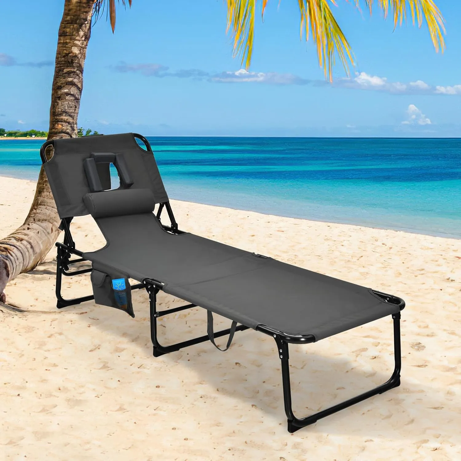 Goplus Tanning Chair, Folding Adjustable Patio Lounge Chair with Face Hole, Removable Pillow, 330LBS, Carry Strap, Outdoor Sunbathing Chair, Lightweight Portable Beach Lounge Chair, No Assembly