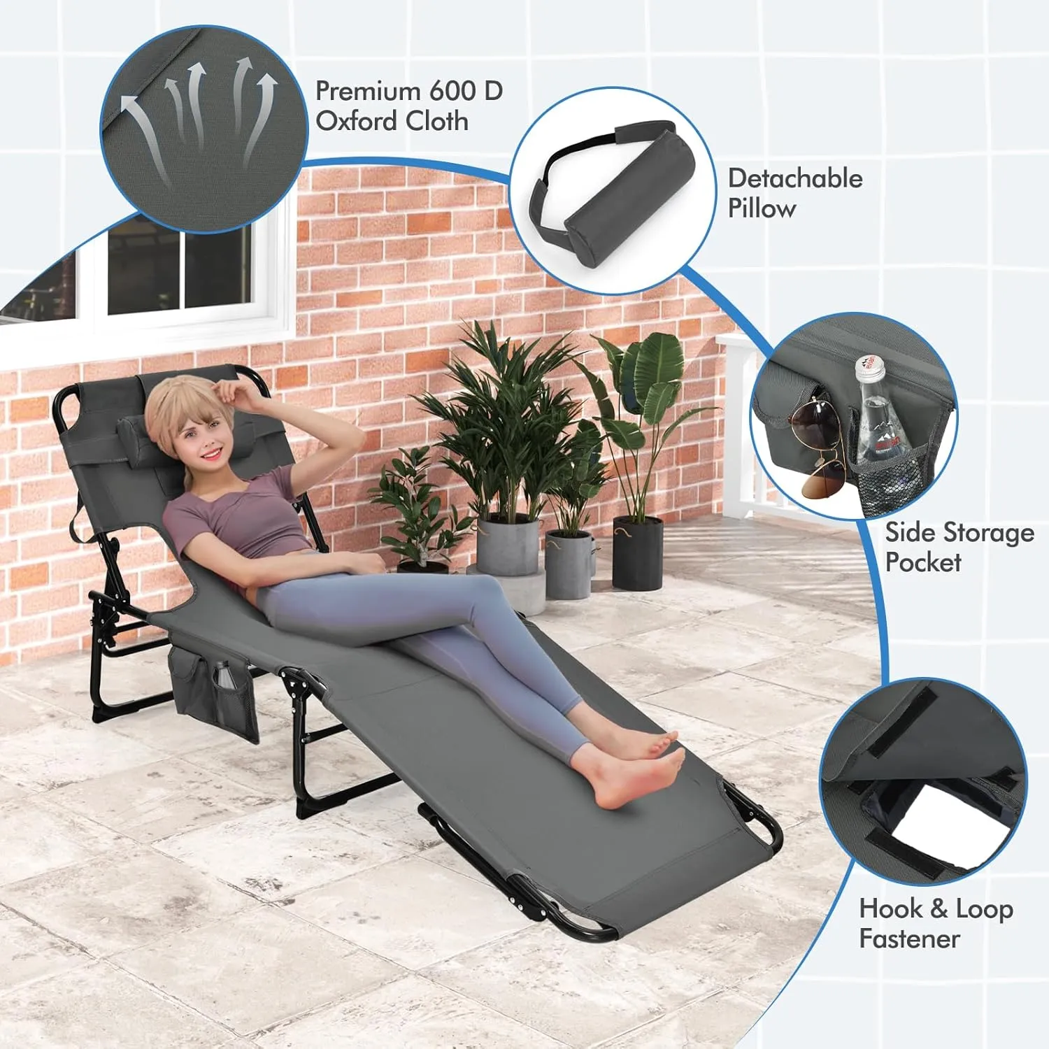 Goplus Tanning Chair, Folding Adjustable Patio Lounge Chair with Face Hole, Removable Pillow, 330LBS, Carry Strap, Outdoor Sunbathing Chair, Lightweight Portable Beach Lounge Chair, No Assembly