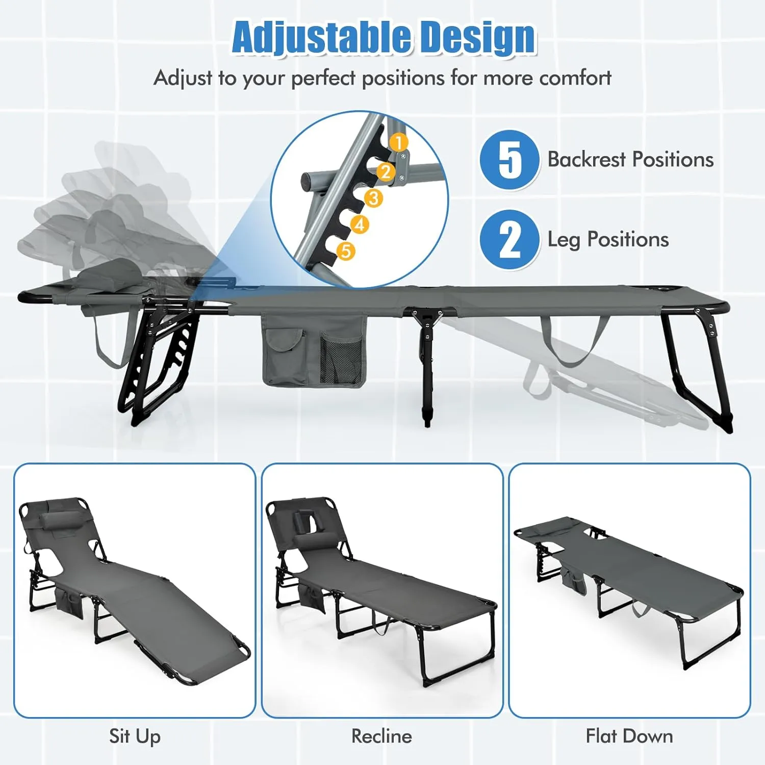 Goplus Tanning Chair, Folding Adjustable Patio Lounge Chair with Face Hole, Removable Pillow, 330LBS, Carry Strap, Outdoor Sunbathing Chair, Lightweight Portable Beach Lounge Chair, No Assembly