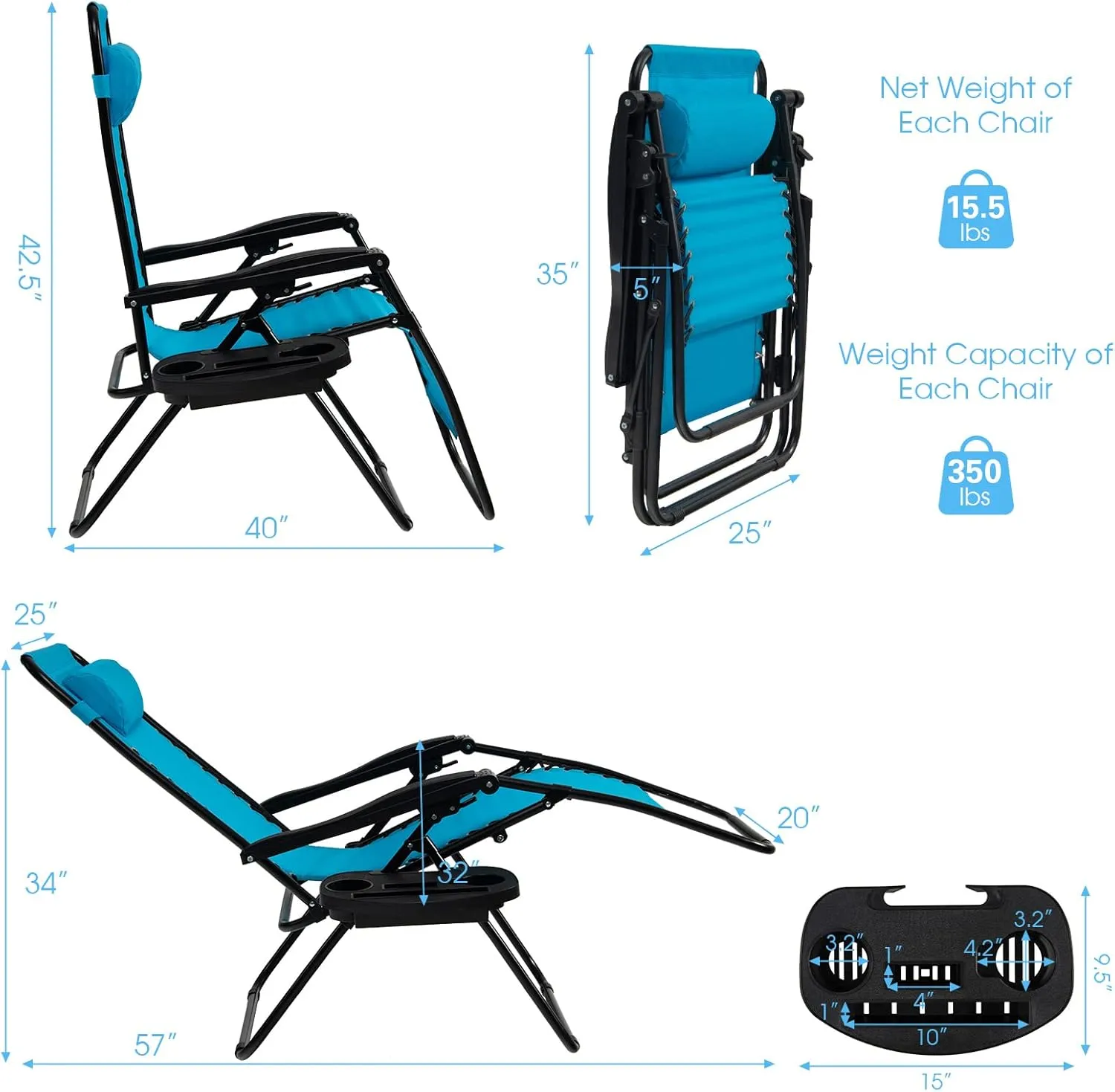 Goplus Zero Gravity Lounge Chairs, 160°Adjustable Folding Recliner w/Pillow and Cup Holder, 350LBS Comfy Outdoor Lounge Chairs for Patio, Lawn, Yard & Camp(1, Light Blue)