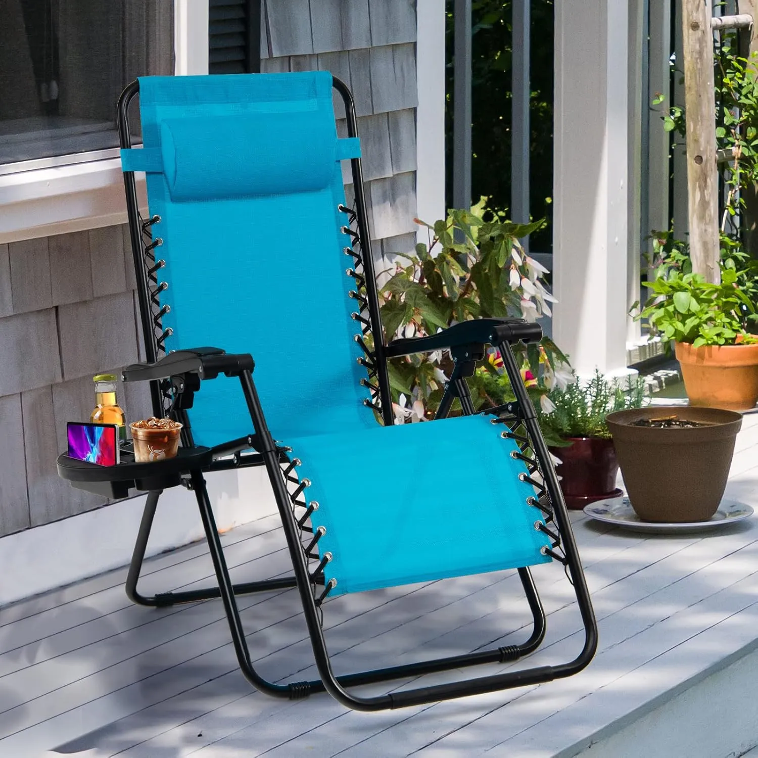 Goplus Zero Gravity Lounge Chairs, 160°Adjustable Folding Recliner w/Pillow and Cup Holder, 350LBS Comfy Outdoor Lounge Chairs for Patio, Lawn, Yard & Camp(1, Light Blue)