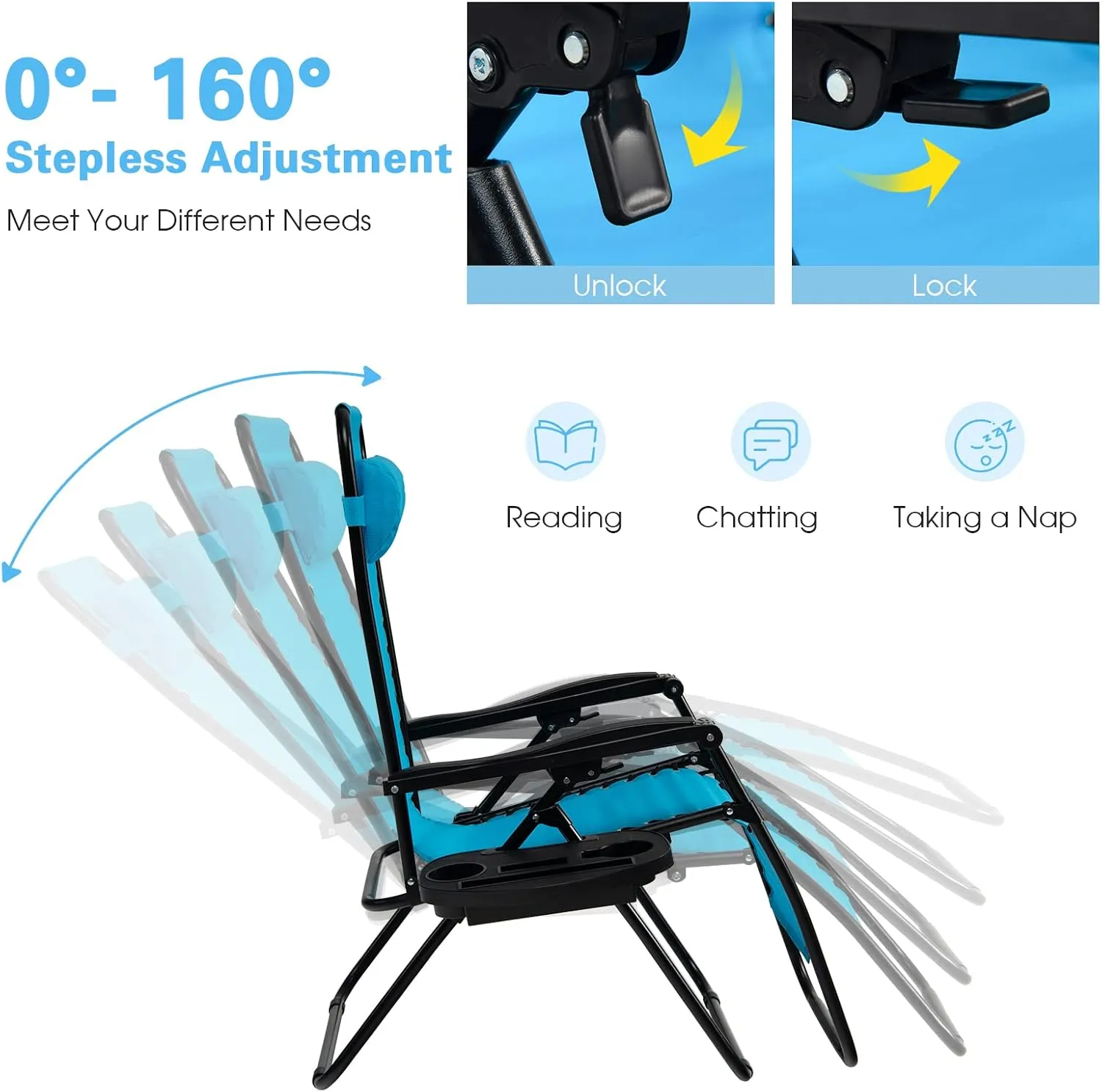 Goplus Zero Gravity Lounge Chairs, 160°Adjustable Folding Recliner w/Pillow and Cup Holder, 350LBS Comfy Outdoor Lounge Chairs for Patio, Lawn, Yard & Camp(1, Light Blue)