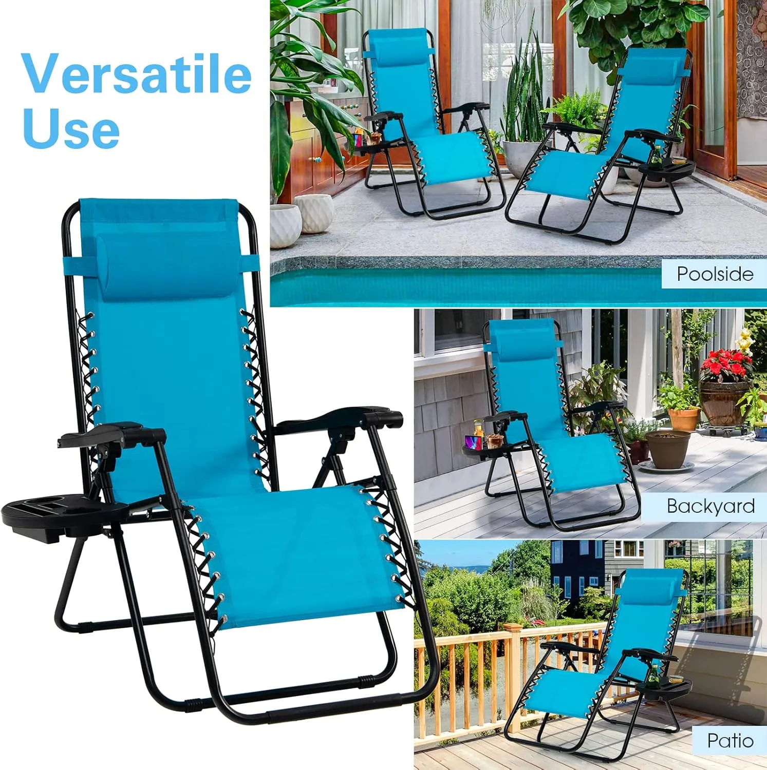 Goplus Zero Gravity Lounge Chairs, 160°Adjustable Folding Recliner w/Pillow and Cup Holder, 350LBS Comfy Outdoor Lounge Chairs for Patio, Lawn, Yard & Camp(1, Light Blue)