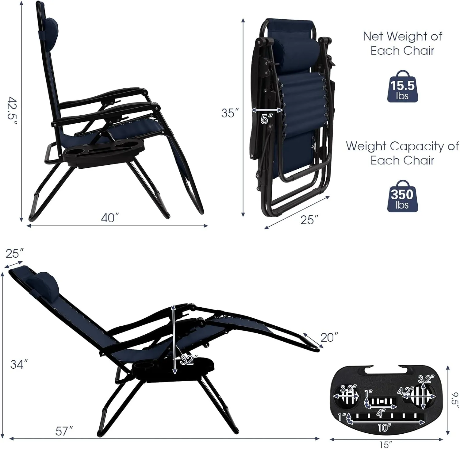 Goplus Zero Gravity Lounge Chairs, 160°Adjustable Folding Recliner w/Pillow and Cup Holder, 350LBS Comfy Outdoor Lounge Chairs for Patio, Lawn, Yard & Camp(1, Navy)