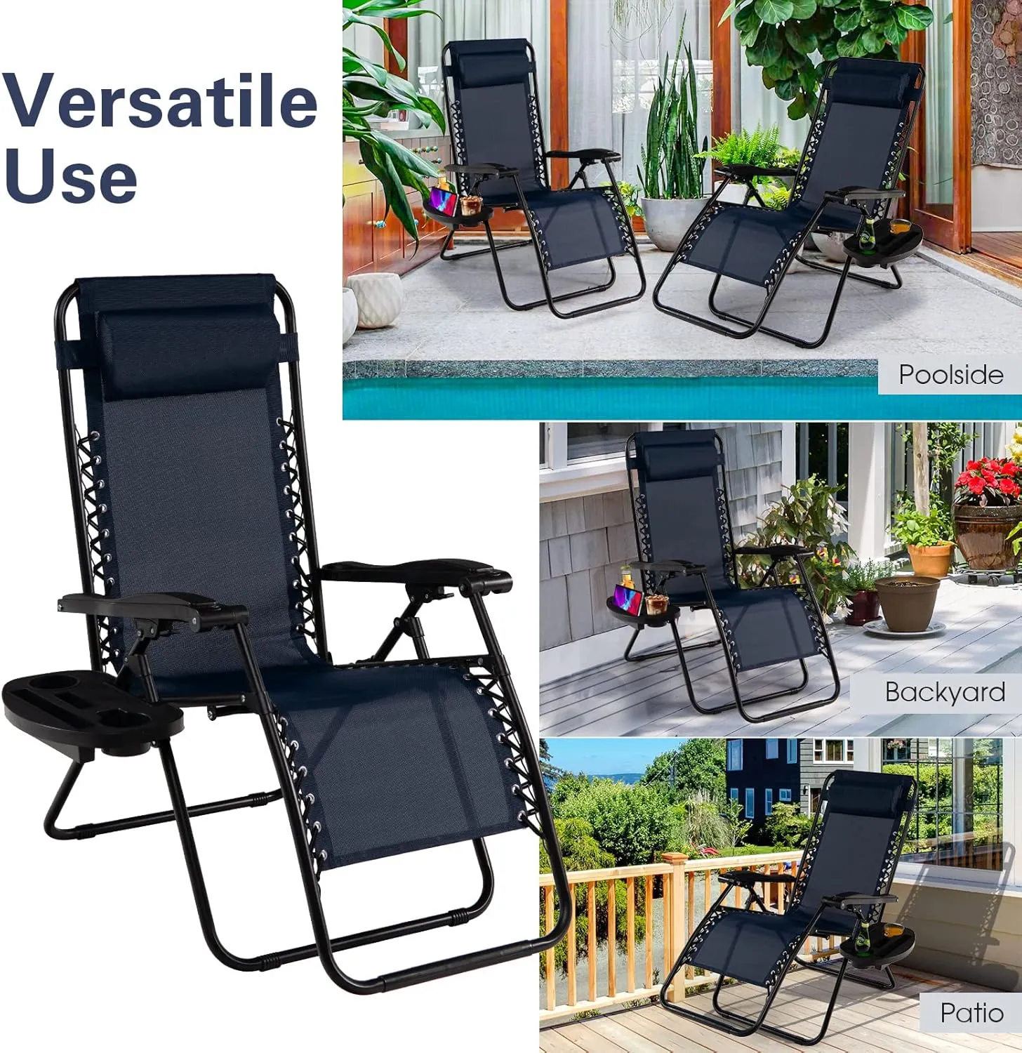 Goplus Zero Gravity Lounge Chairs, 160°Adjustable Folding Recliner w/Pillow and Cup Holder, 350LBS Comfy Outdoor Lounge Chairs for Patio, Lawn, Yard & Camp(1, Navy)