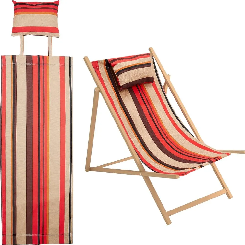 GORGECRAFT Beach Sling Chair Canvas Cloth with Pillow 44x17 Red and Yellow Striped Casual Lounge Chair Replacement Canvas Outdoor Folding Chair Fabric for Patio Beach Sunbathing Garden Courtyard