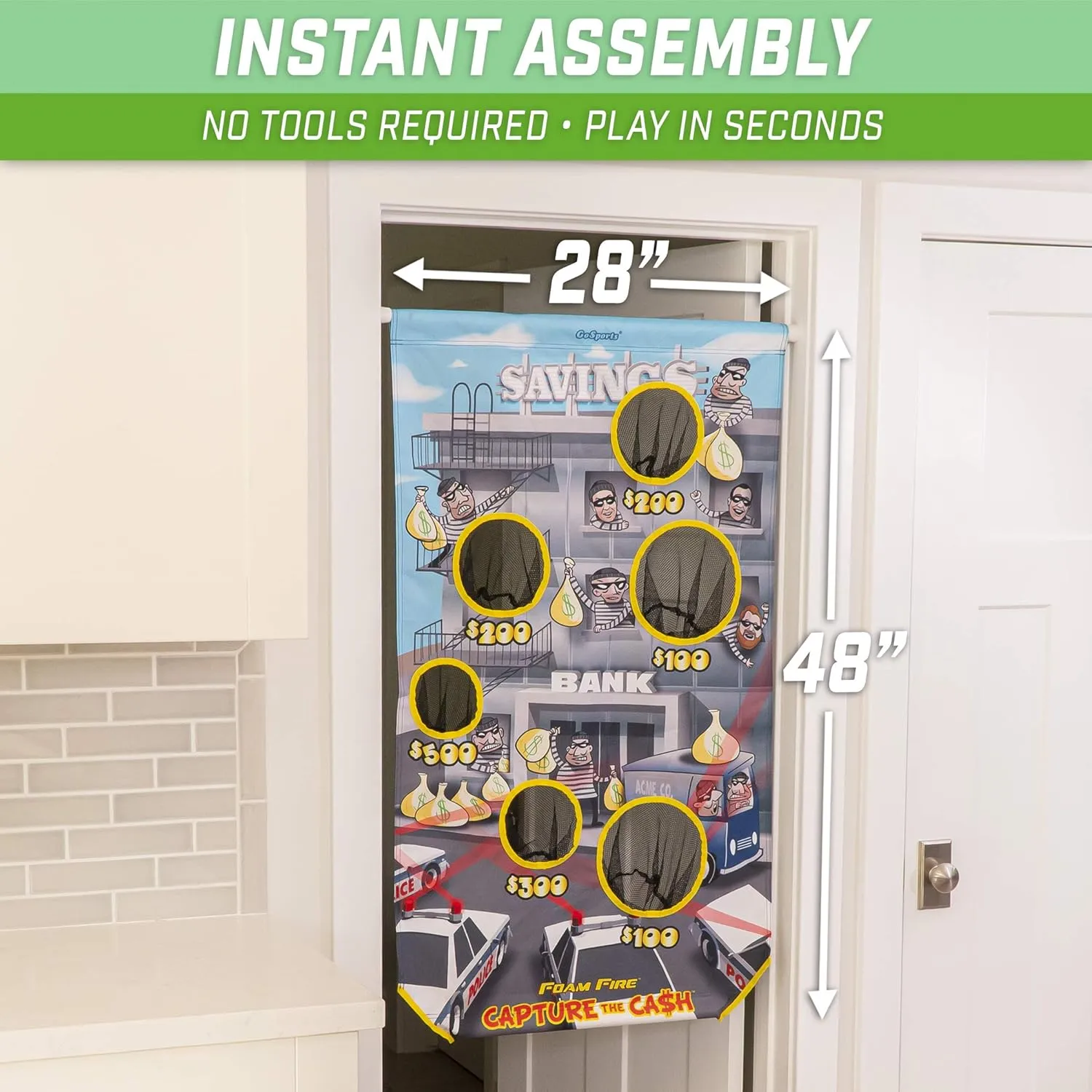 GoSports Foam Fire Games - Alien Invaders, Trophy Hunt, or Door Hang Battle Strike and Capture The Cash Targets - Include 2 Toy Blasters for Kids and Foam Ball Projectiles
