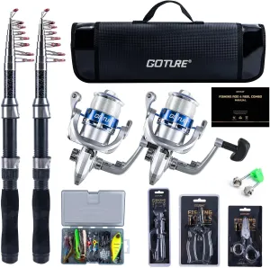 Goture Fishing Rod and Reel Combos-2PCS 1.9M Telescopic Fishing Pole 2PCS Pre-Loaded Spinning Reels with Carrier Bag, Telescopic Rod Reel Lures Kit for Starter Travel Saltwater Freshwater