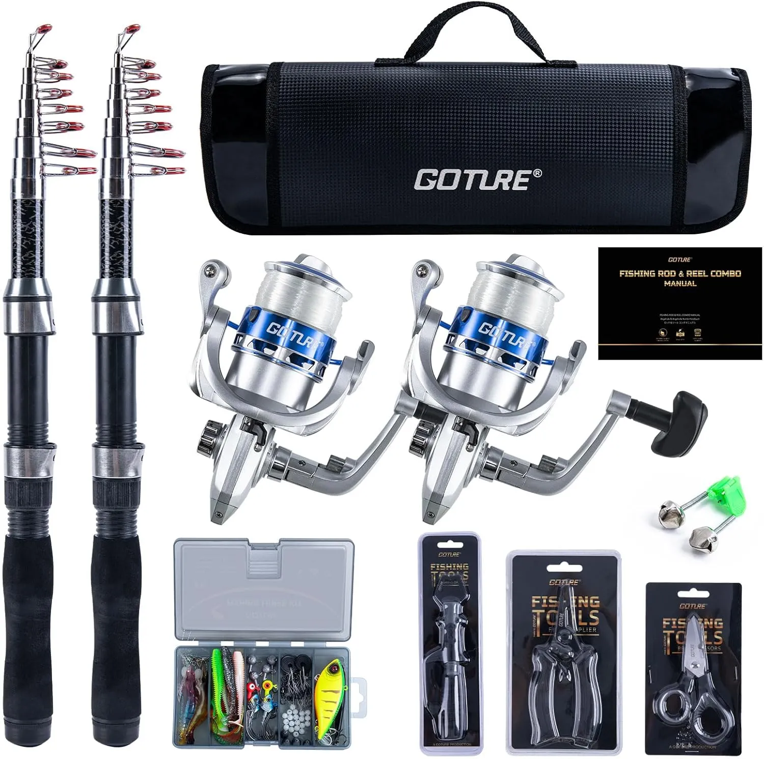 Goture Fishing Rod and Reel Combos-2PCS 1.9M Telescopic Fishing Pole 2PCS Pre-Loaded Spinning Reels with Carrier Bag, Telescopic Rod Reel Lures Kit for Starter Travel Saltwater Freshwater
