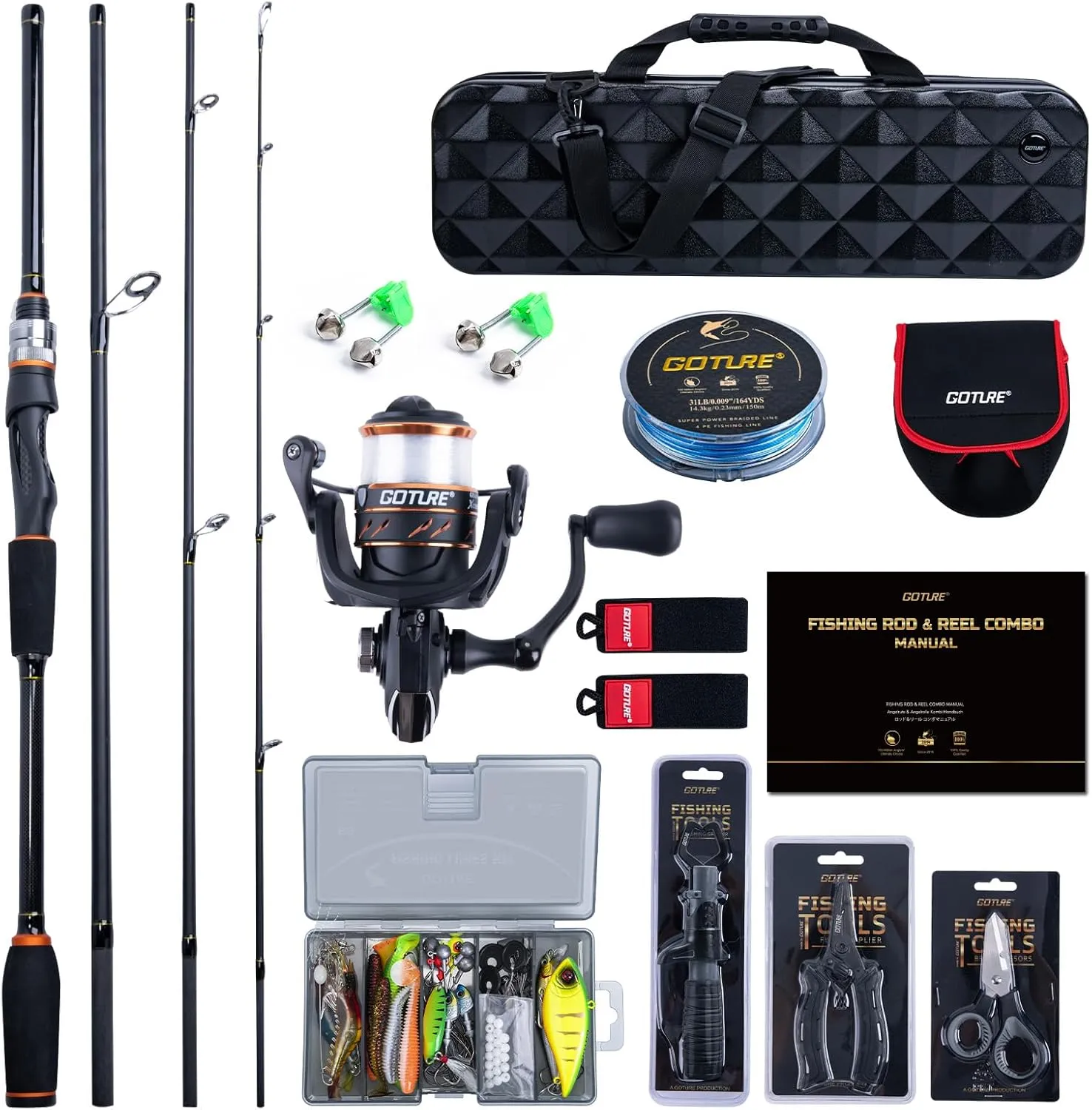 Goture Fishing Rod and Reel Combos-4 Piece Fishing Rod Set, Spinning Rod, Lures Set with PC Hard Shell Suitcase, Rod Reel Combo Kit for Starter Travel Saltwater, Gifts for Men