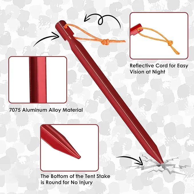 Grassman 12 Pack Tent Stakes, 7075 Aluminium Tent pegs, Heavy Duty Lightweight Ground Pegs, Durable and Safe Metal Camping Spikes, Red