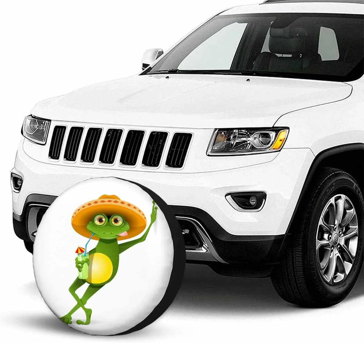 Green Frog Spare Tire Cover Wear Sombrero and Drink a Cocktail Summer Beach Polyester Universal Wheel Tire Cover for Trailer Camping Weatherproof for Rv SUV Truck Camper Travel 15 inch