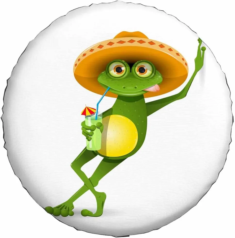 Green Frog Spare Tire Cover Wear Sombrero and Drink a Cocktail Summer Beach Polyester Universal Wheel Tire Cover for Trailer Camping Weatherproof for Rv SUV Truck Camper Travel 15 inch