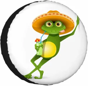 Green Frog Spare Tire Cover Wear Sombrero and Drink a Cocktail Summer Beach Polyester Universal Wheel Tire Cover for Trailer Camping Weatherproof for Rv SUV Truck Camper Travel 15 inch