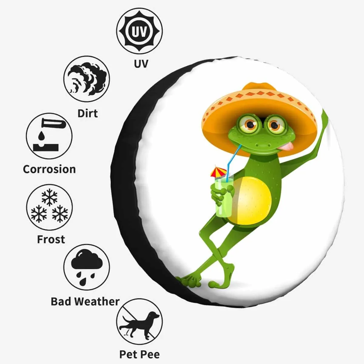 Green Frog Spare Tire Cover Wear Sombrero and Drink a Cocktail Summer Beach Polyester Universal Wheel Tire Cover for Trailer Camping Weatherproof for Rv SUV Truck Camper Travel 15 inch