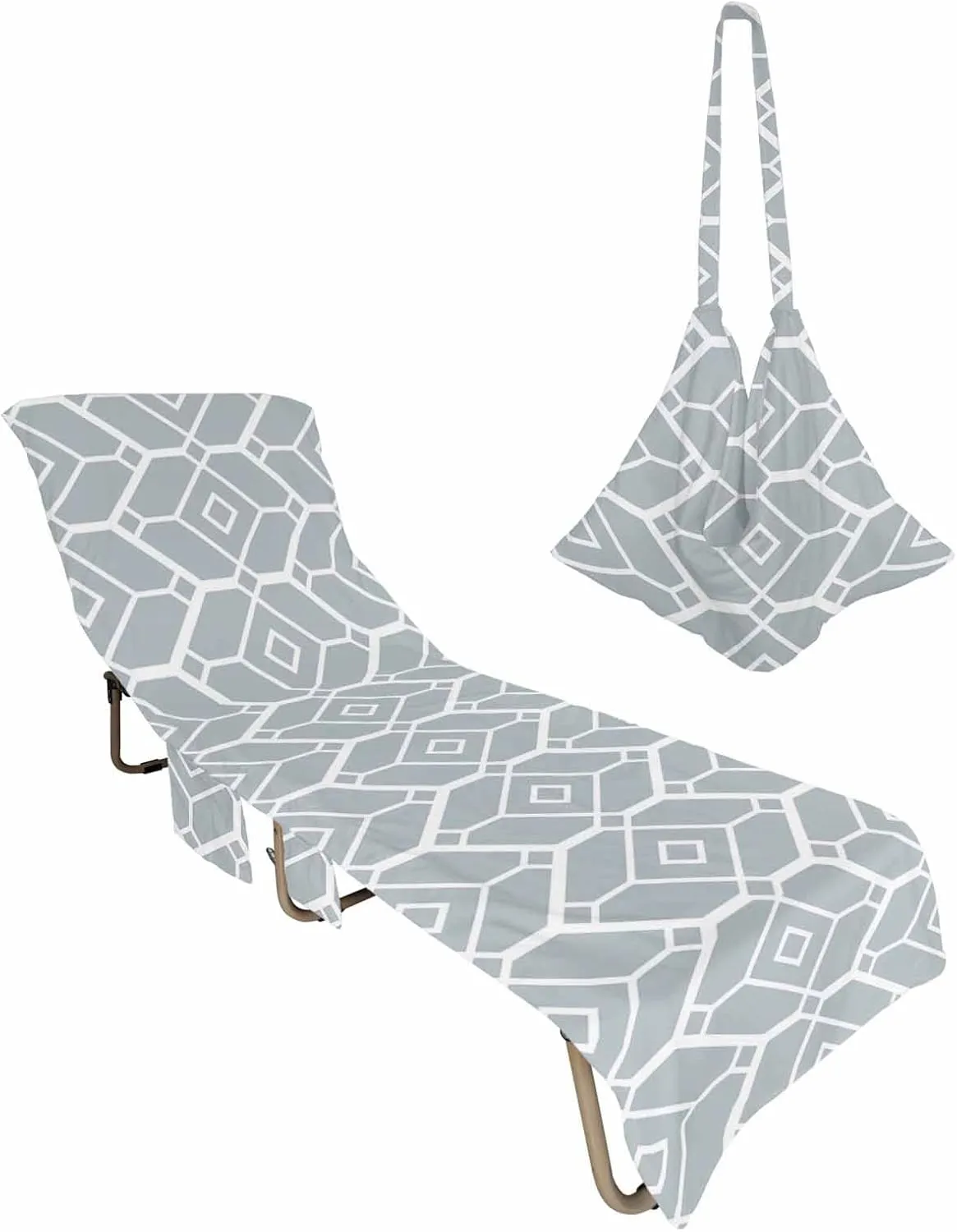 Grey Geometric Beach Pool Patio Lounge Chaise Chair Cover Towel With Pockets, Absorbent & Quick Dry Microfiber Towel Cover Bag Summer Travel Accessories for Sunbathing Modern Abstract Geometric Art