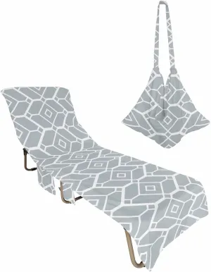 Grey Geometric Beach Pool Patio Lounge Chaise Chair Cover Towel With Pockets, Absorbent & Quick Dry Microfiber Towel Cover Bag Summer Travel Accessories for Sunbathing Modern Abstract Geometric Art