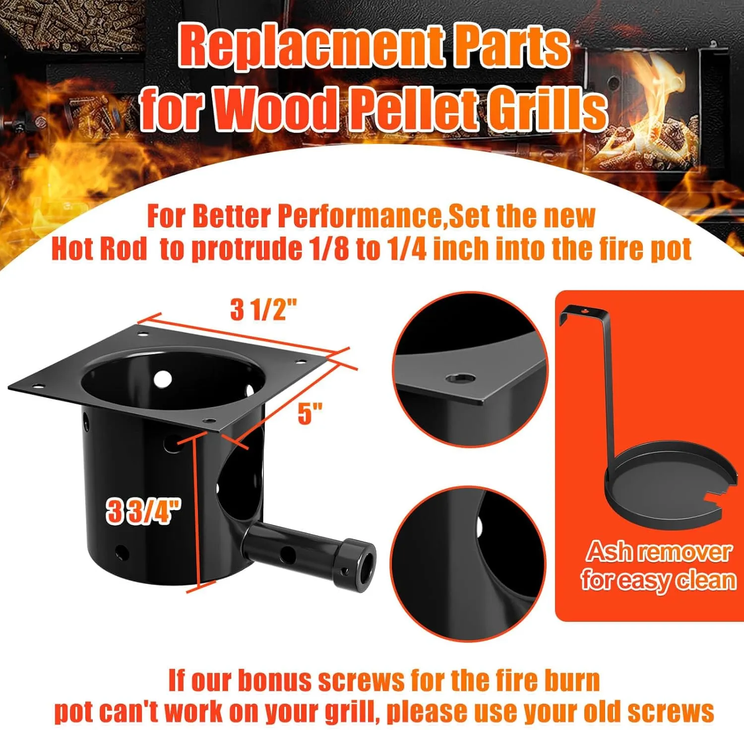 GRISUN Fire Pot Burn Pot and Hot Rod Ignitor Kit for Traeger, Pit Boss Pellet Grill, Upgraded Porcelain-Enameled Fire Pot, Heavy Duty Pellet Grill Replacement Parts, with Ash Remover, Screws and Fuse